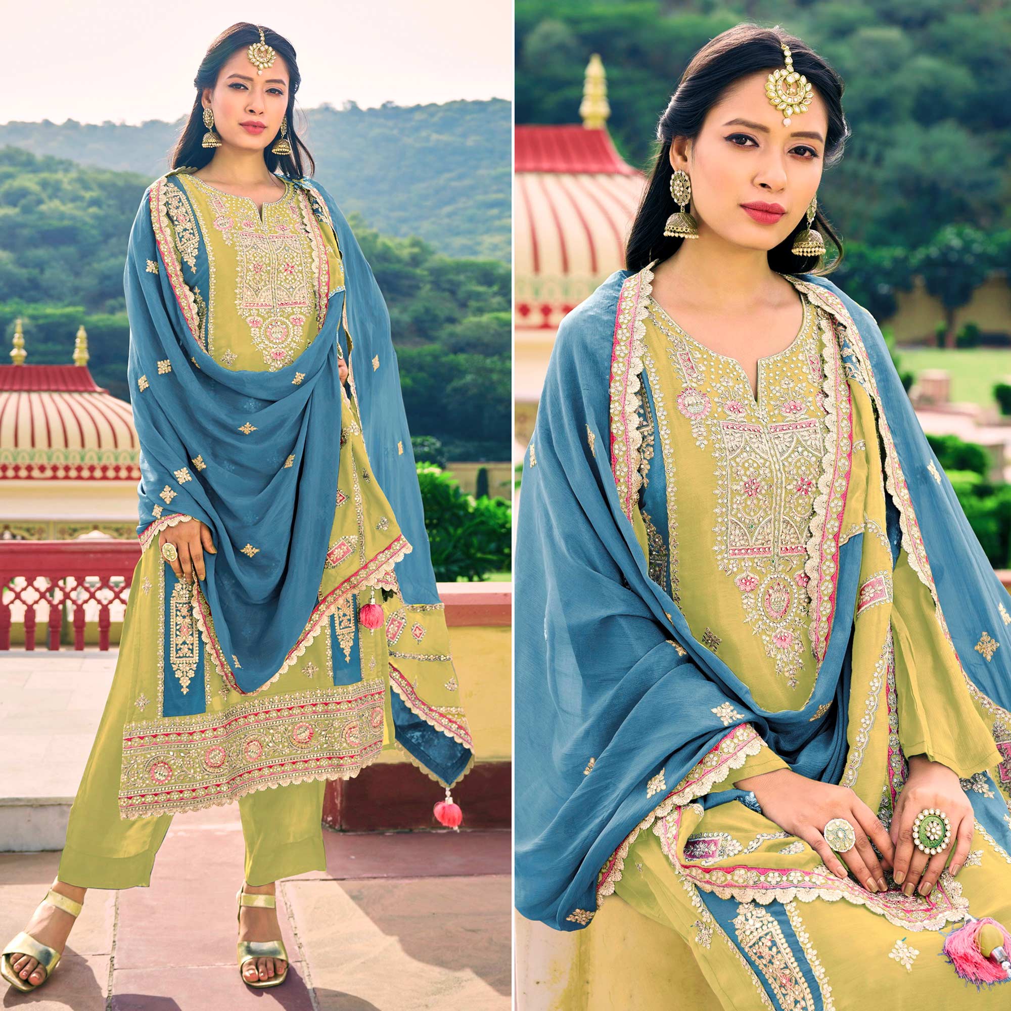 Peachmode Lemon Yellow Sequins Embroidered Chinon Semi Stitched Salwar Suit