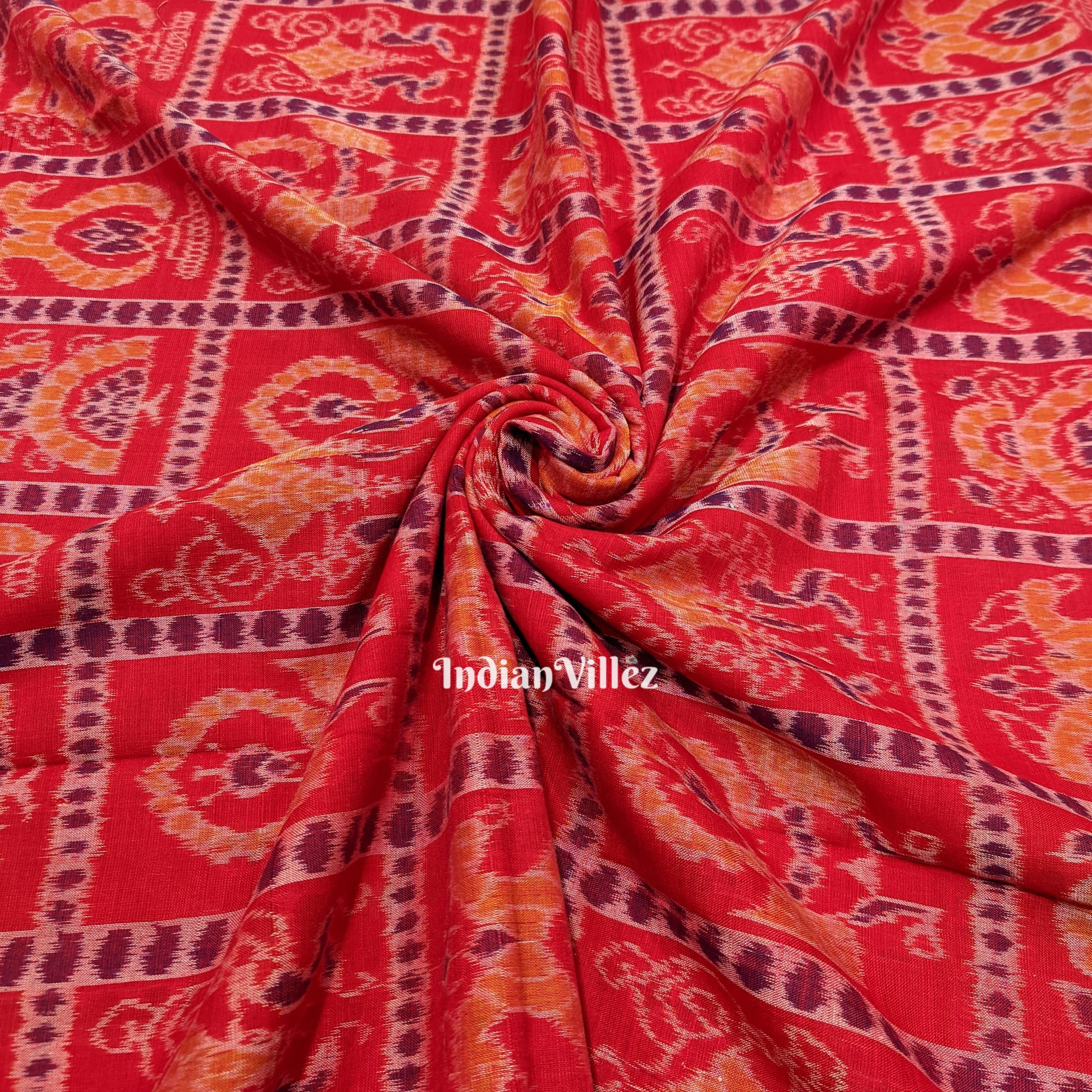 IndianVillèz Red Seven Kothi Odisha Handloom Cotton Ikat Fabric