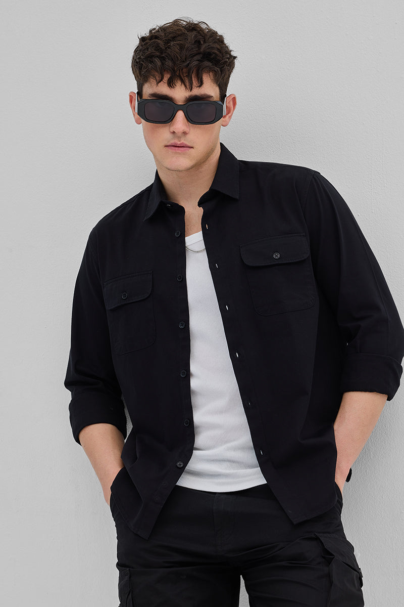 SNITCH Black Solid Double Pocket Overshirt
