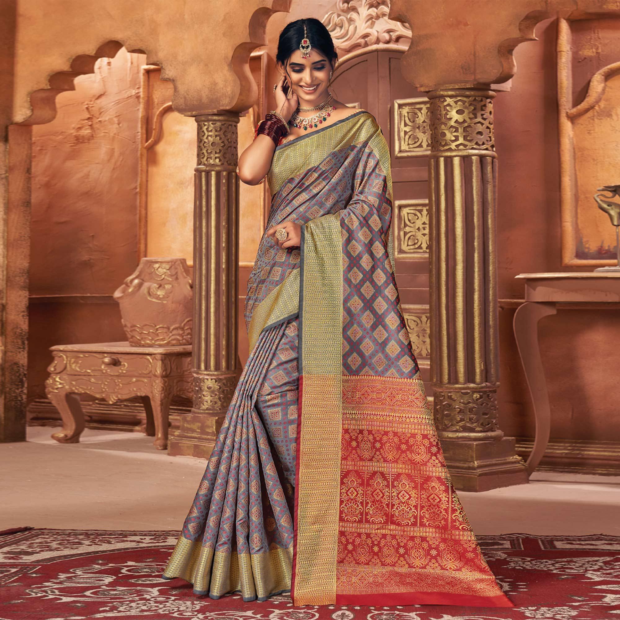 Peachmode Grey Woven Patola Art Silk Saree – Women's