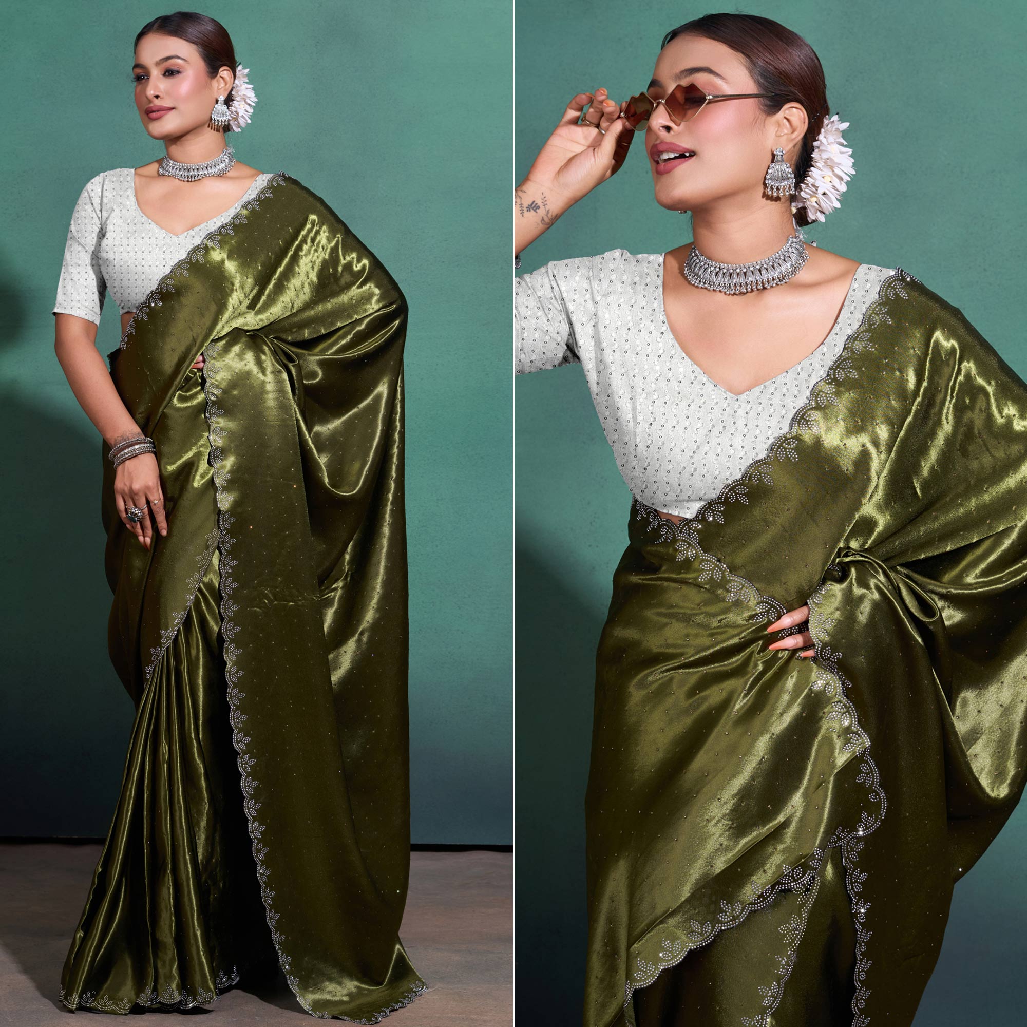 Peachmode Mehandi Green Swarovski Work Embroidered Satin Saree