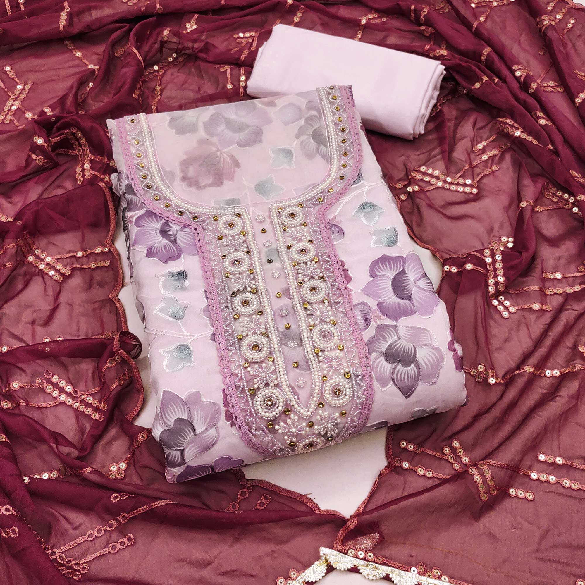 Peachmode Light Pink Hand Embroidery With Digital Printed Organza Dress Material