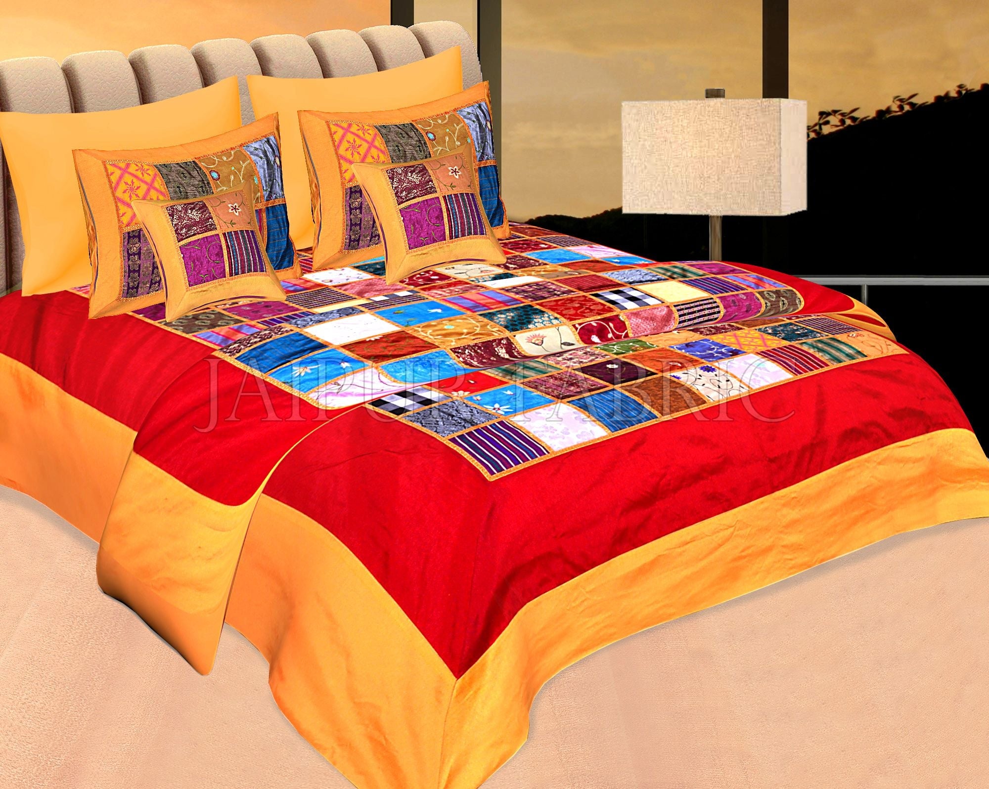 JaipurFabric® Orange Base Handmade Gota Patchwork Double Bed Sheet