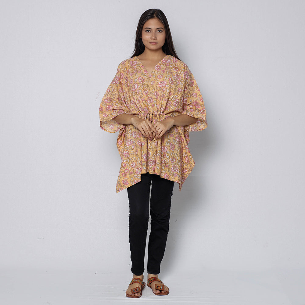 ITOKRI CASUALS Beige -Sanganeri Block Printed Cotton Kaftan with Tie-Up Waist - view 3