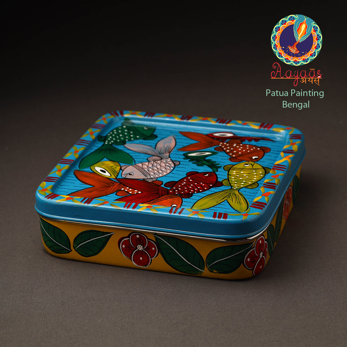 AAYAAS Blue - Bengal Patua Handpainted Stainless Steel Square Masala Box (9 x 9 in)