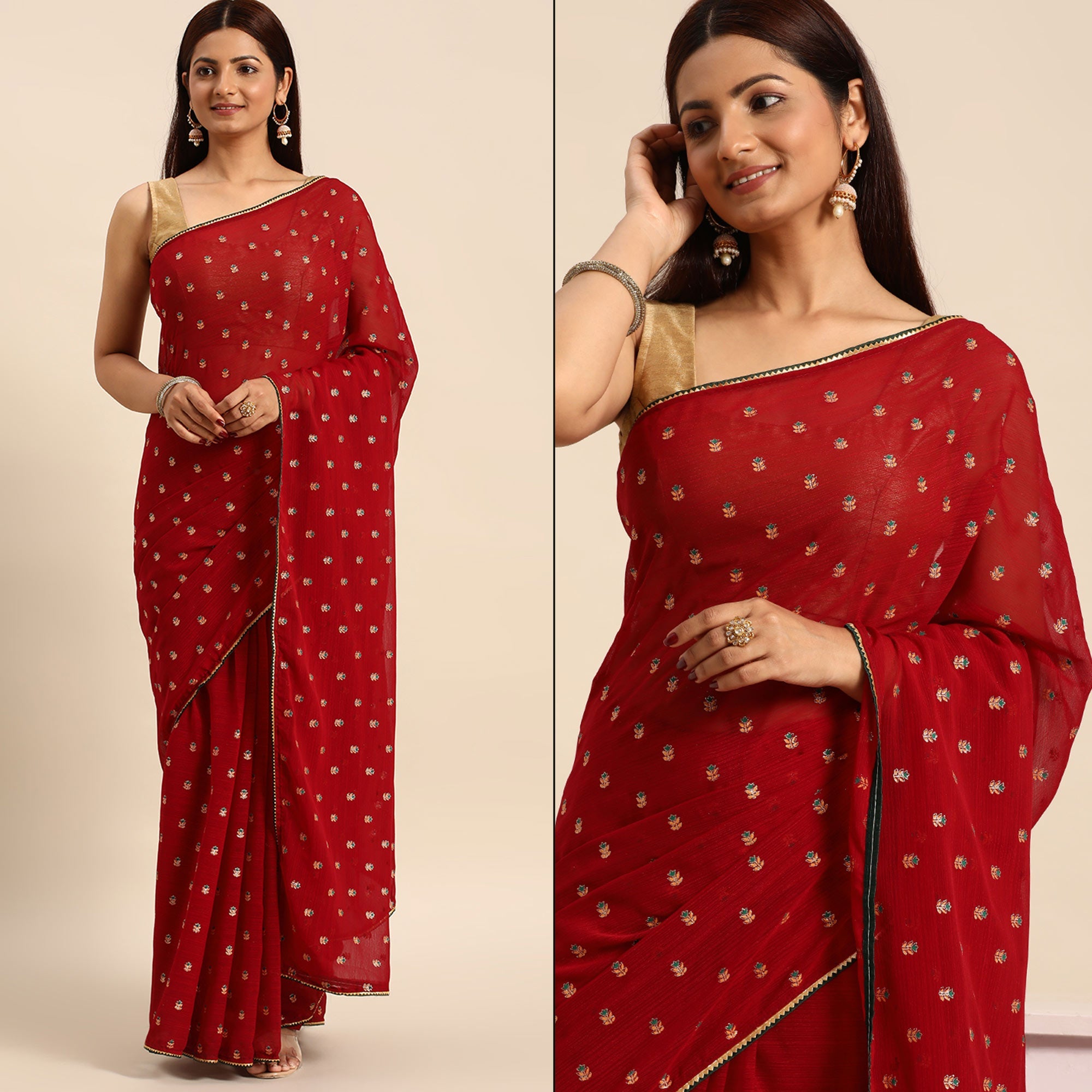Peachmode Maroon Embroidered Chiffon Saree – Women's