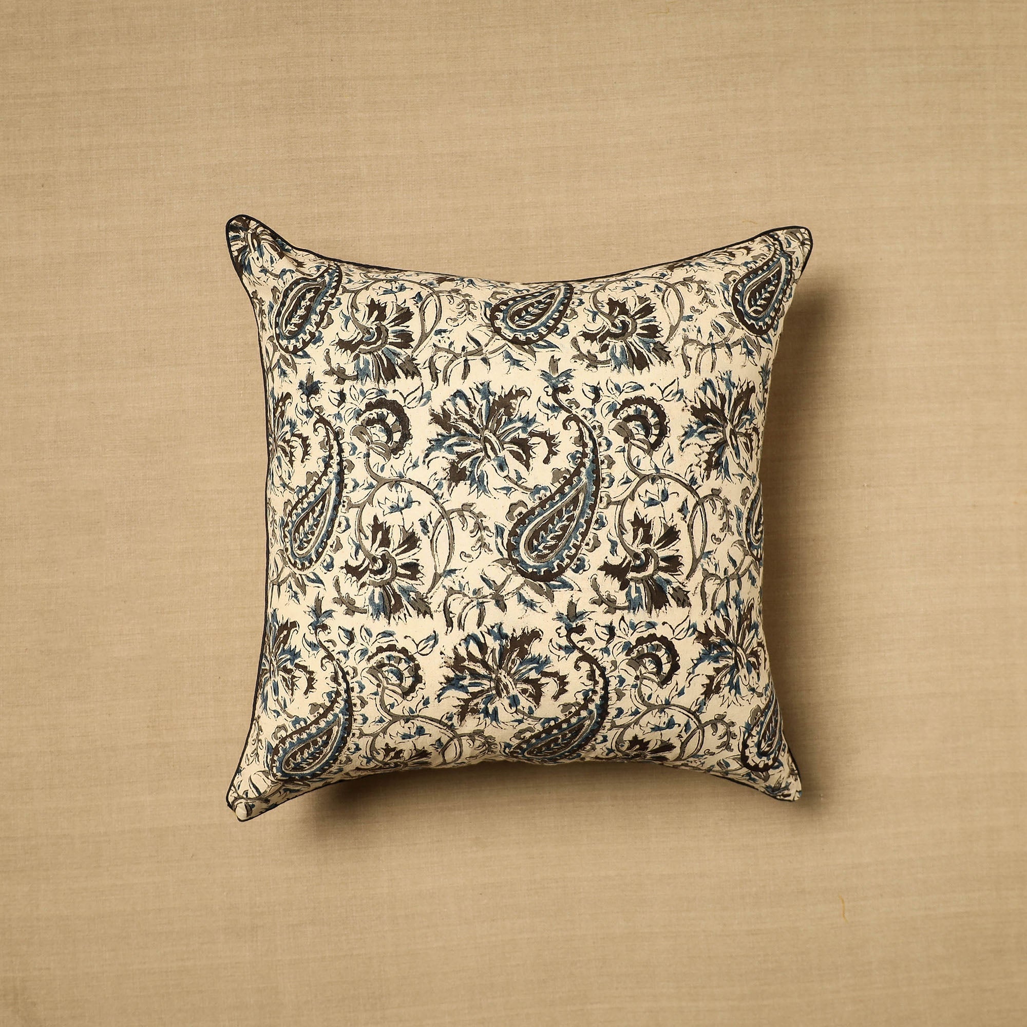 NOORI BAZAR Beige - Block Print Cotton Kalamkari Cushion Cover (16 x 16 in) 11