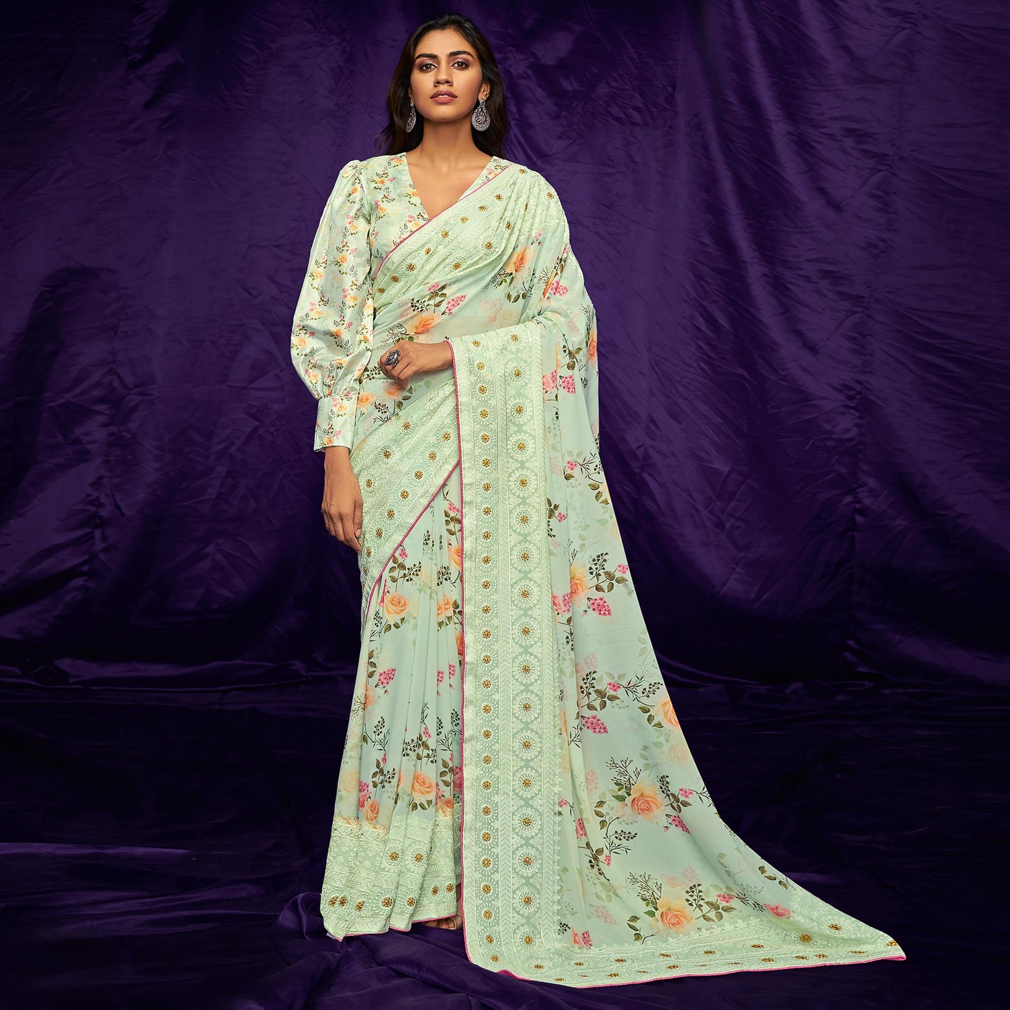 Peachmode Light Green Casual Wear Floral Digital Printed Pure Georgette Saree