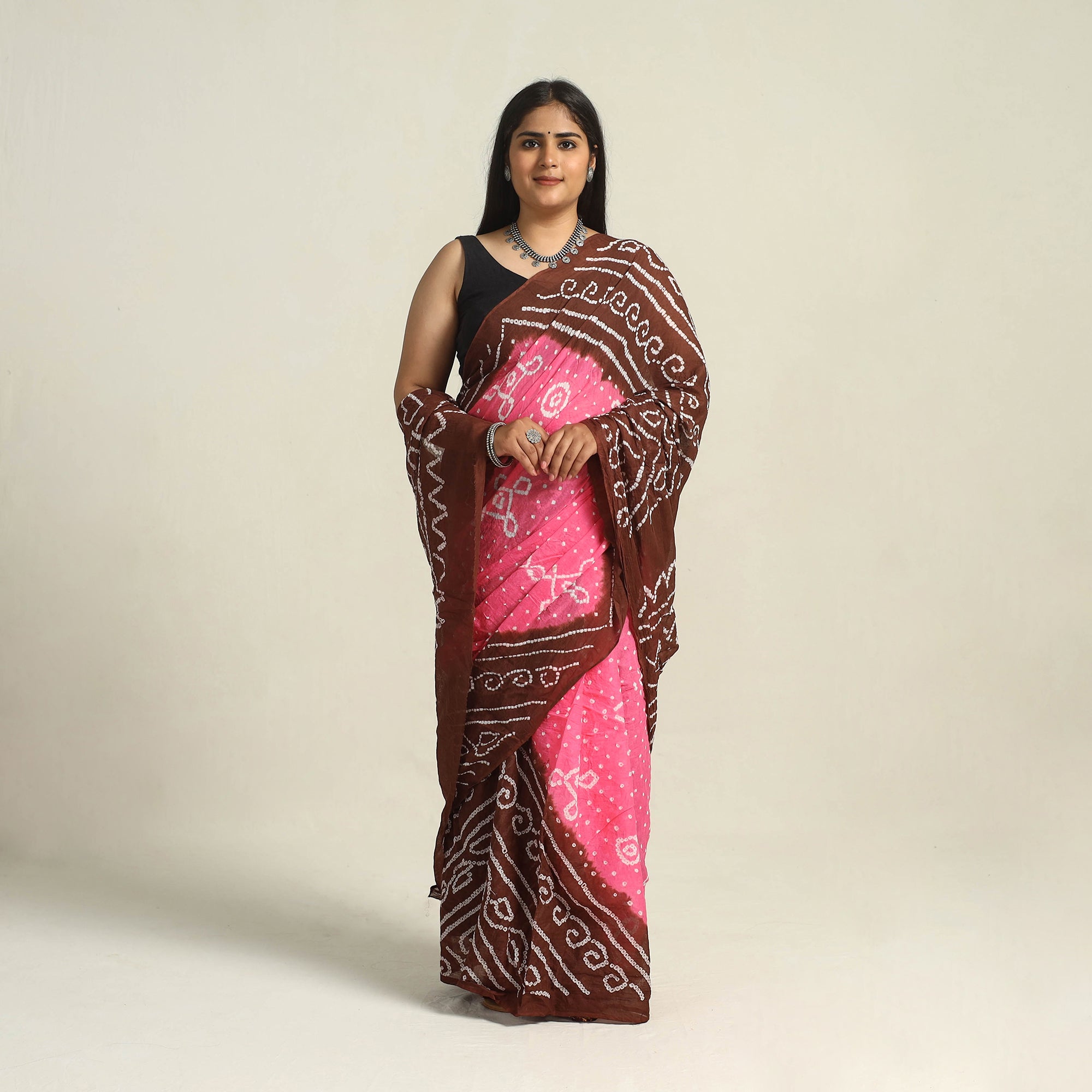 KACHCHH JI CHHAAP Brown - Kutch Bandhani Tie-Dye Cotton Saree with Blouse Piece