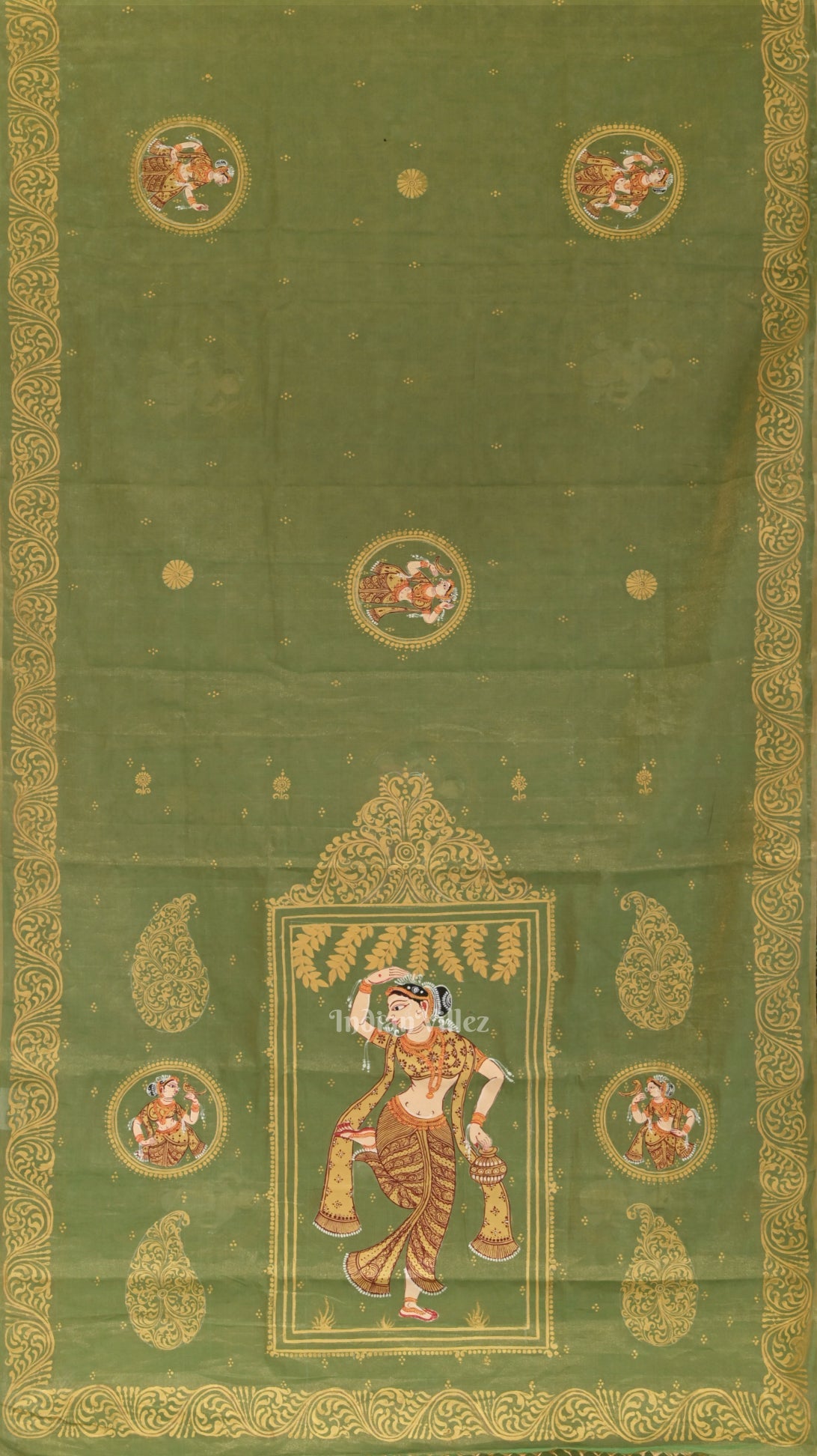 IndianVillèz Green Nartaki Theme Hand- Painted Pattachitra Saree - view 2