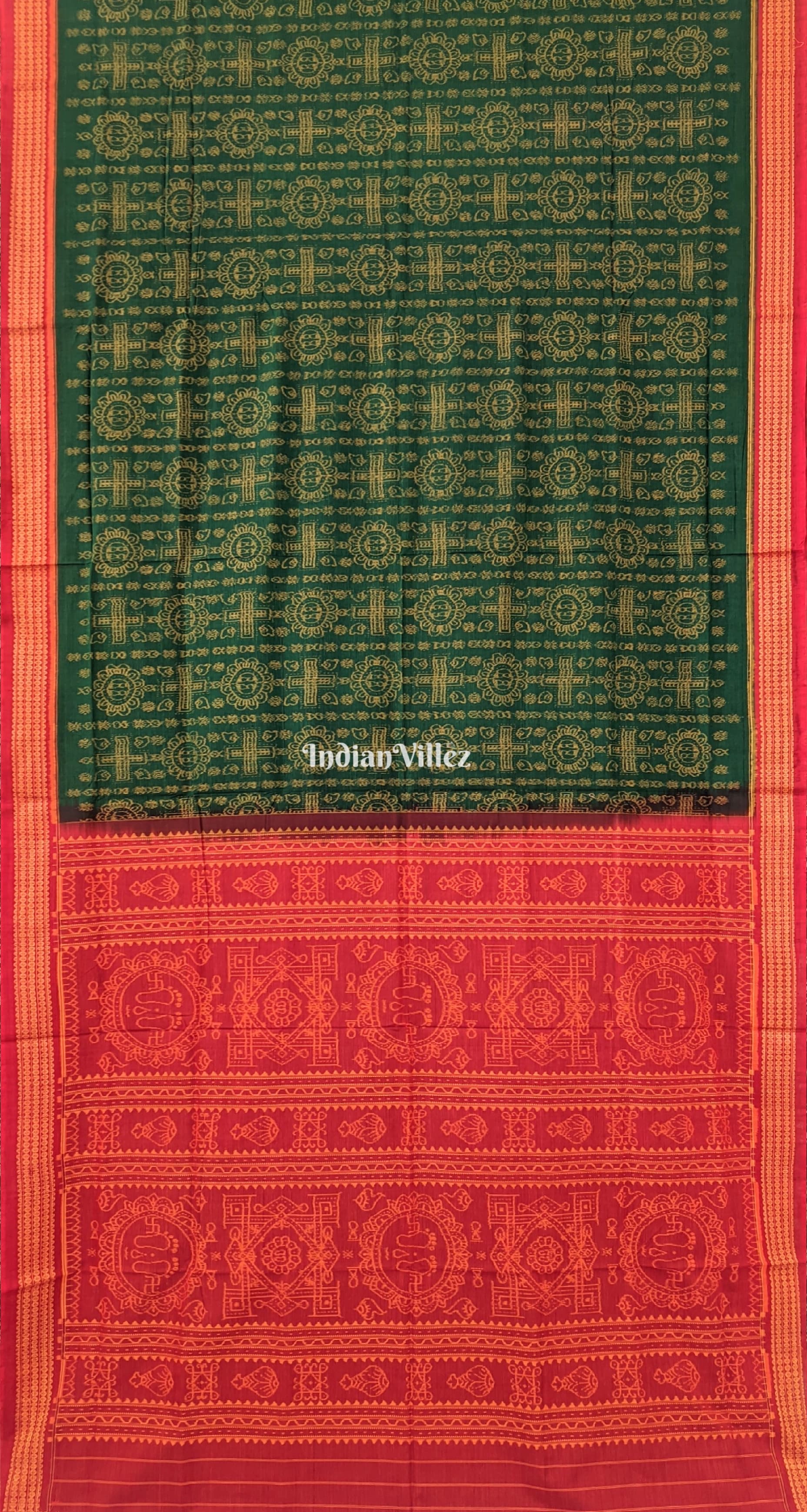 IndianVillèz Green With Red border Odisha Ikat Sambalpuri Pure Cotton Saree