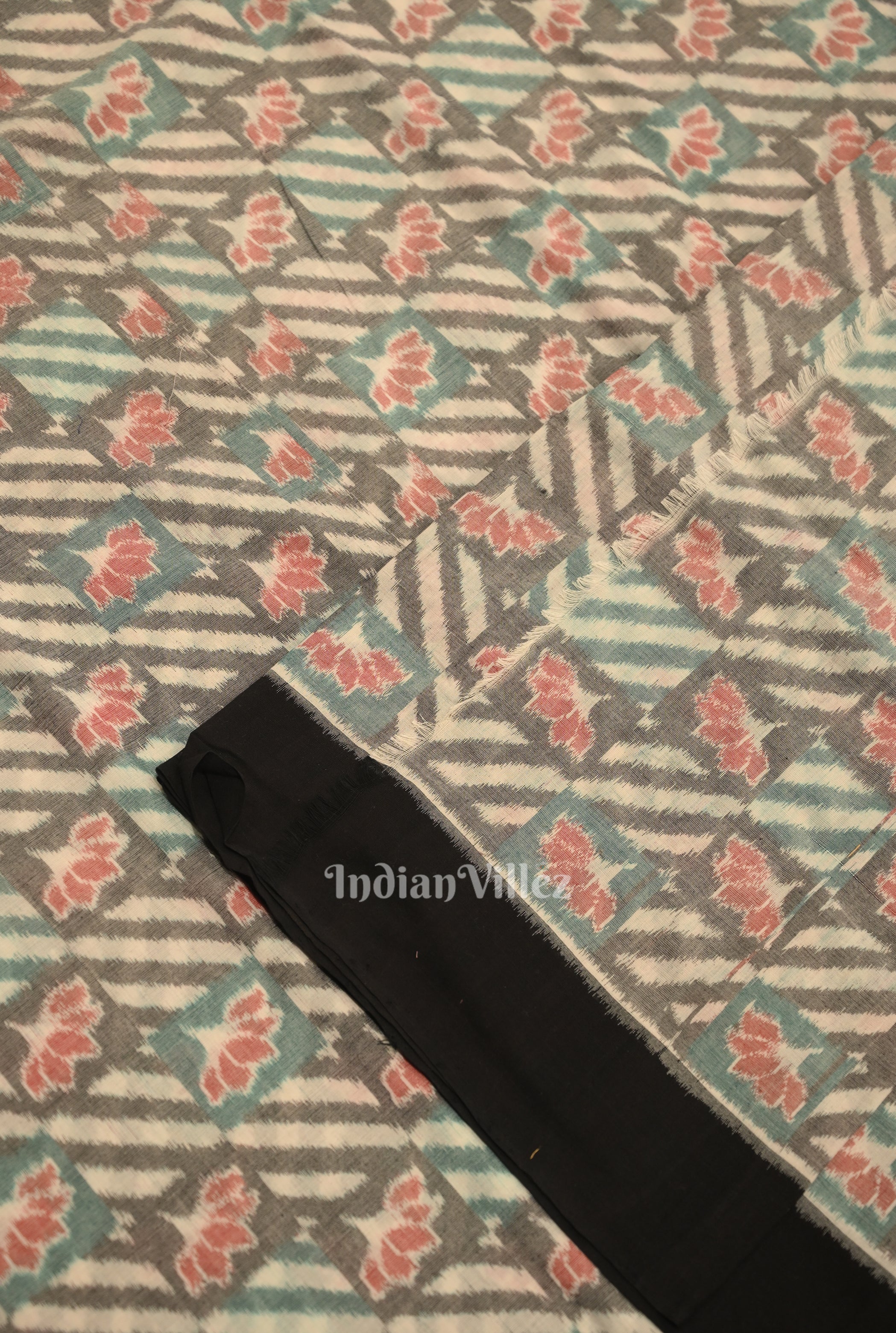 IndianVillèz Cement Gray Lotus Motif Sambalpuri Ikat Cotton Fabric - view 2
