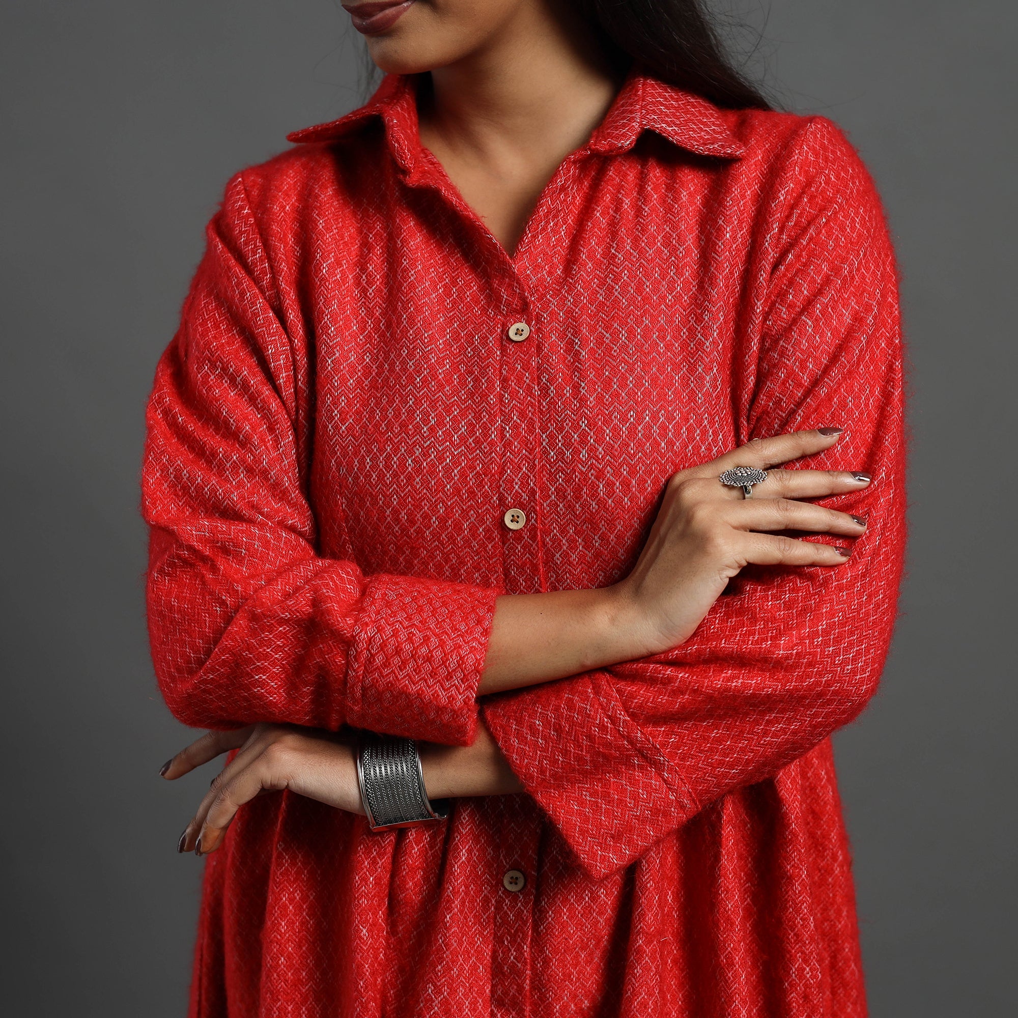 ITOKRI CASUALS Aaisha Red Plain Button Down Woollen Dress 08 - view 6