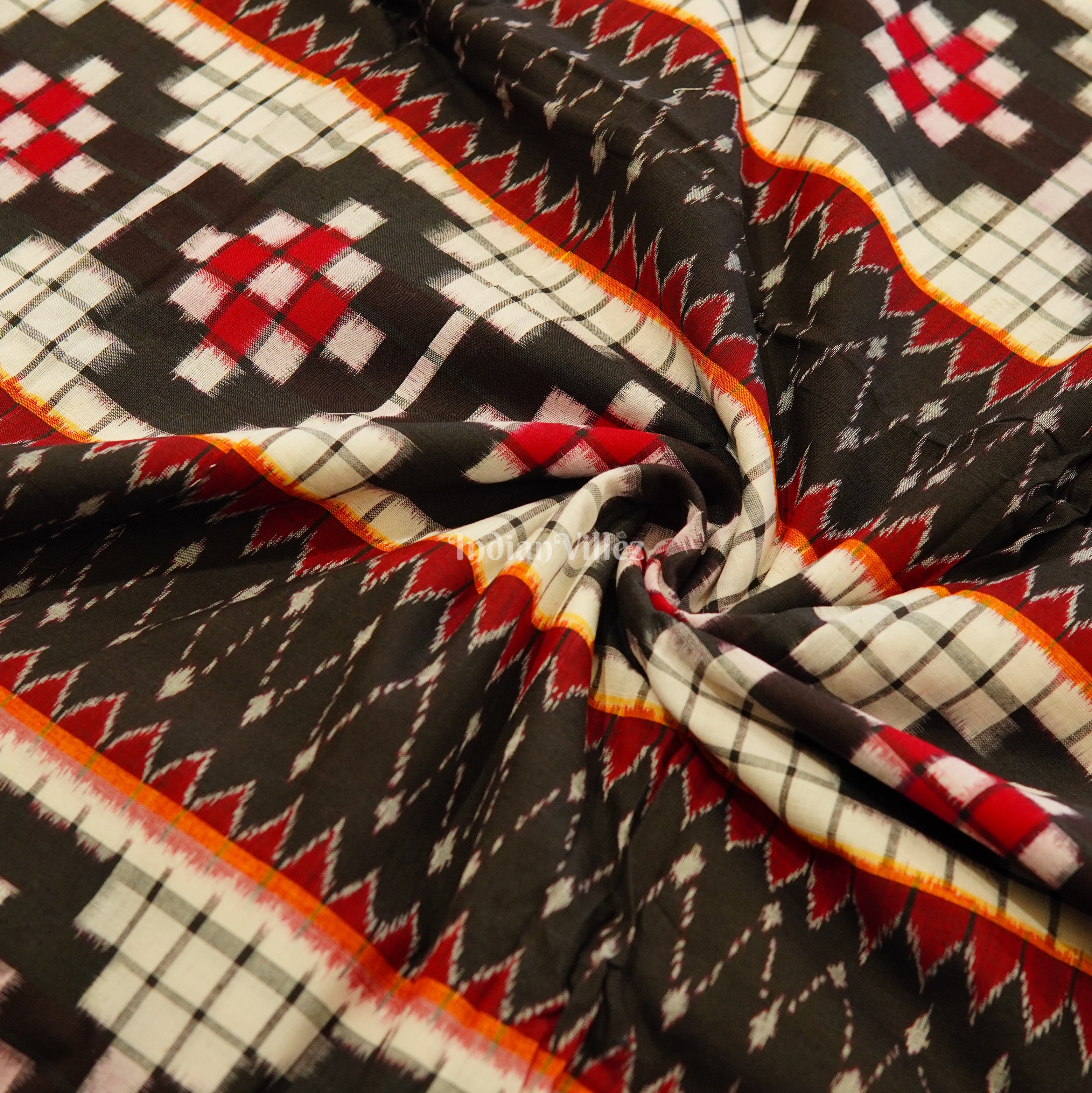IndianVillèz White Black Pasapali Theme Sambalpuri Ikat Cotton Fabric