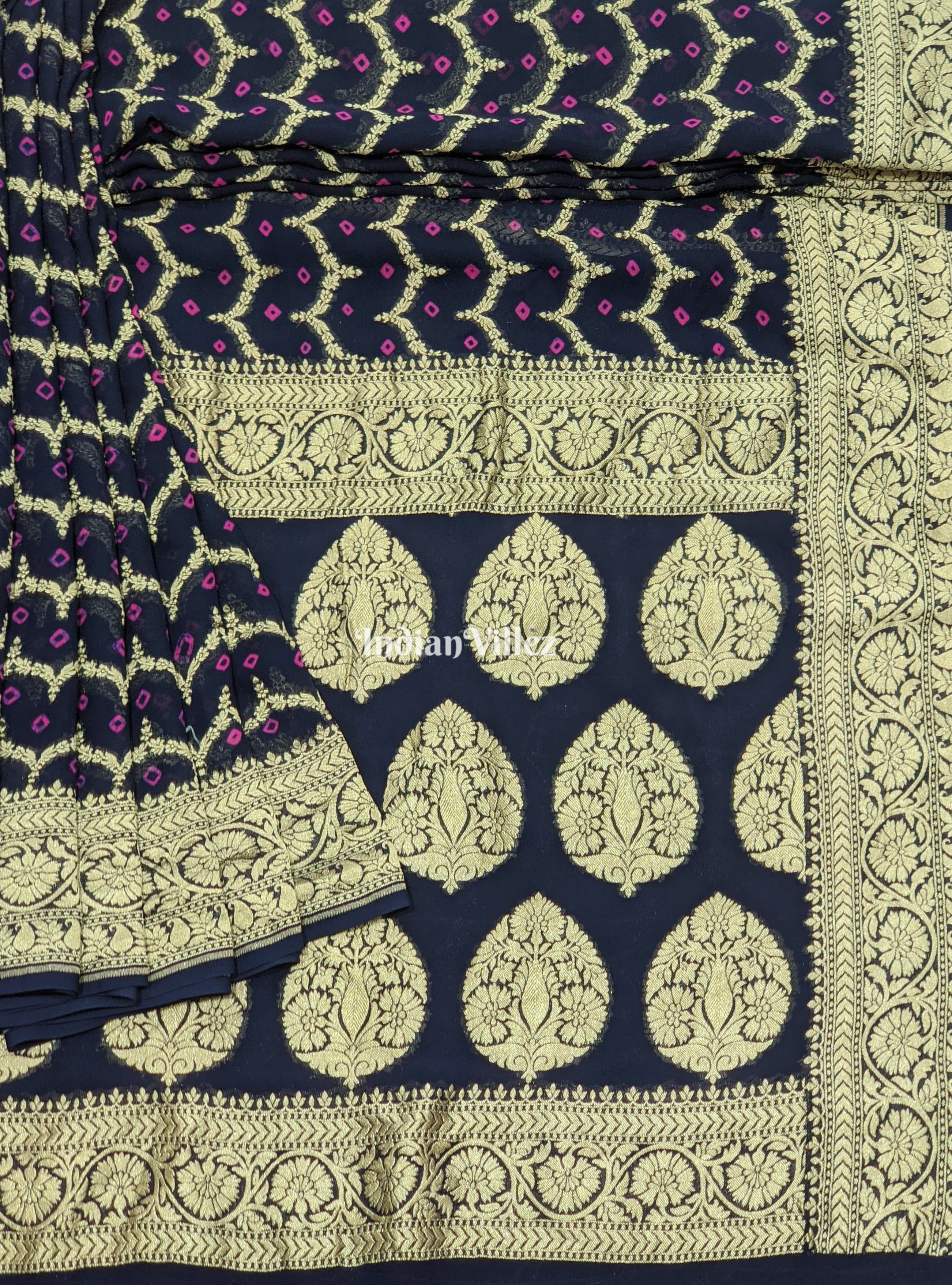 IndianVillèz Midnight Blue Banarasi Khaddi Georgette Saree