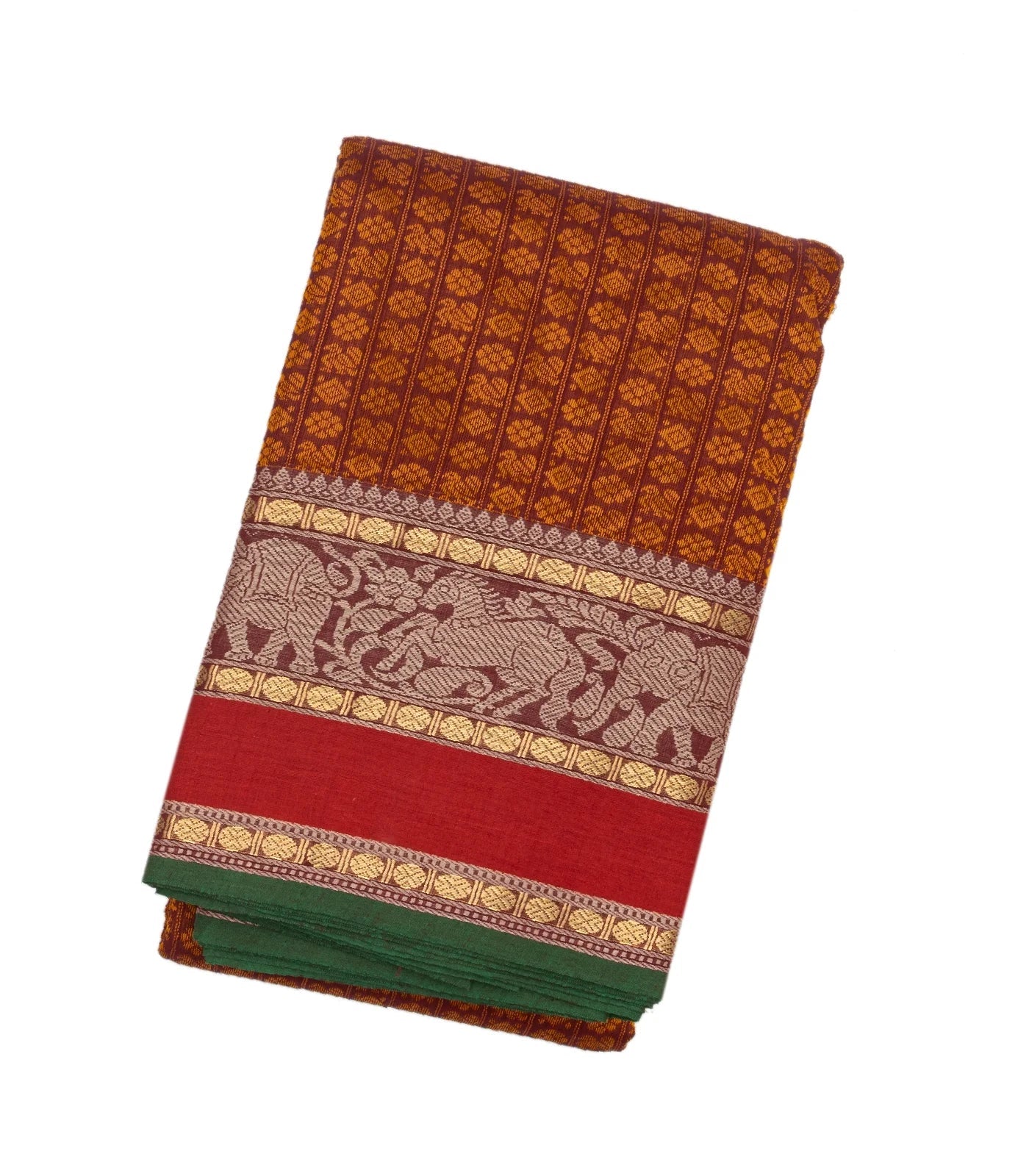 RmKV Rust Handloom Kanchi Cotton Saree With Annam Chakaram Checks