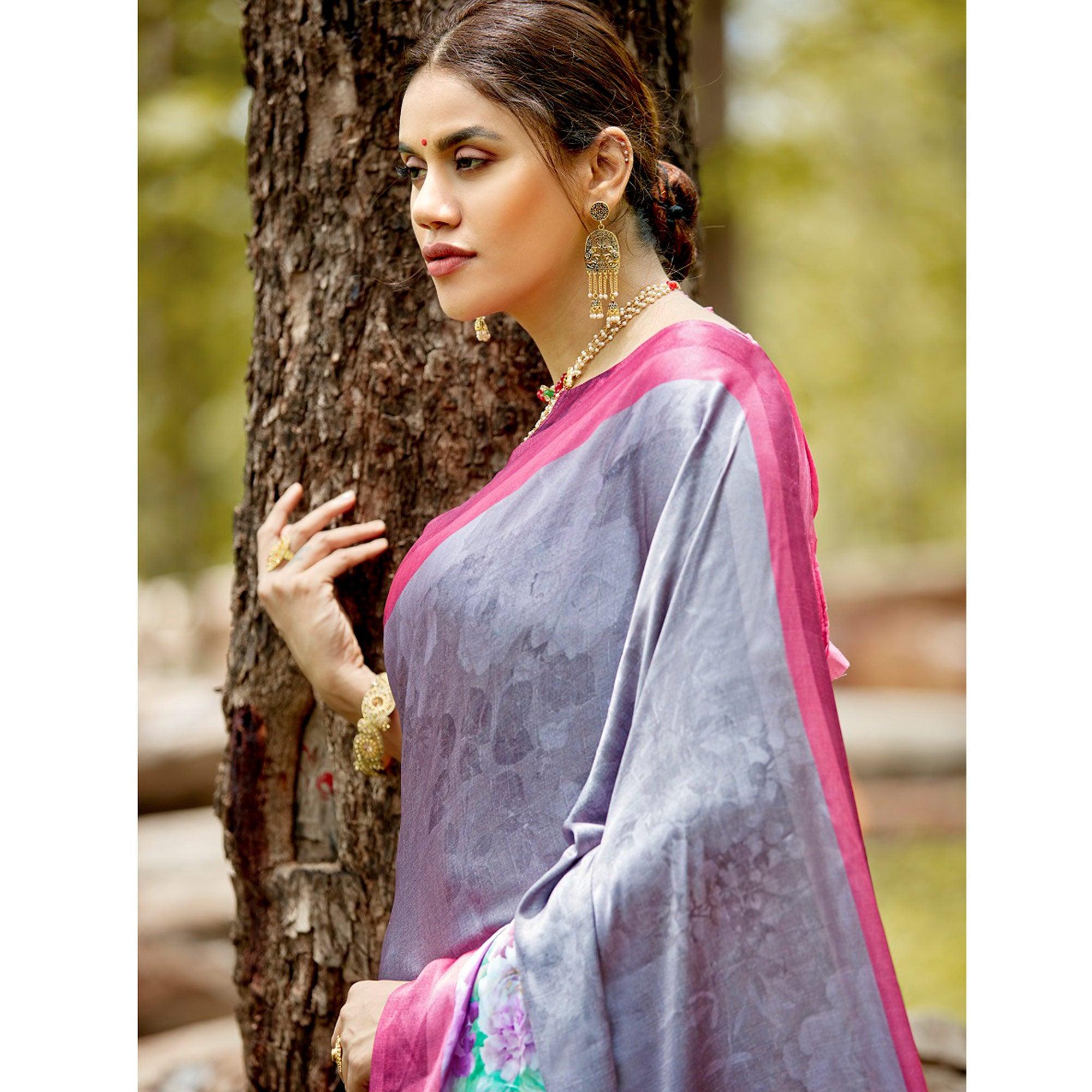 Peachmode Desirable Gray Colored Casual Digital Printed Satin Crepe Saree - view 2