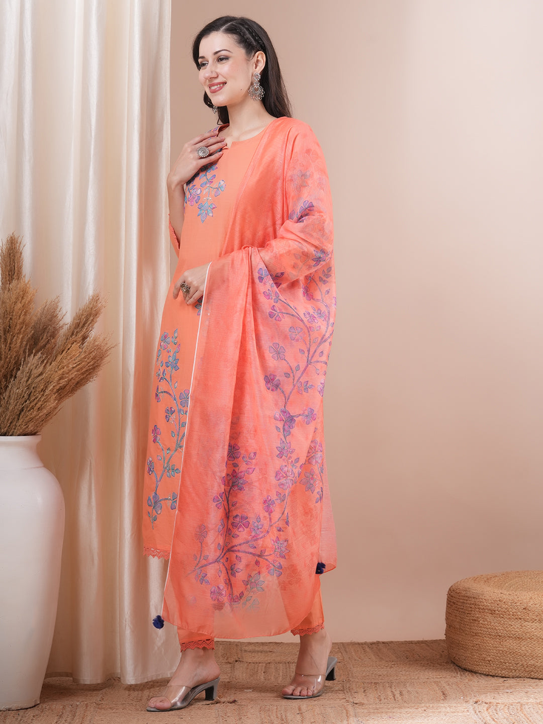 FASHOR Floral Patchwork Embroidered Straight Fit Kurta with Pant and Printed Dupatta - Peach - view 4