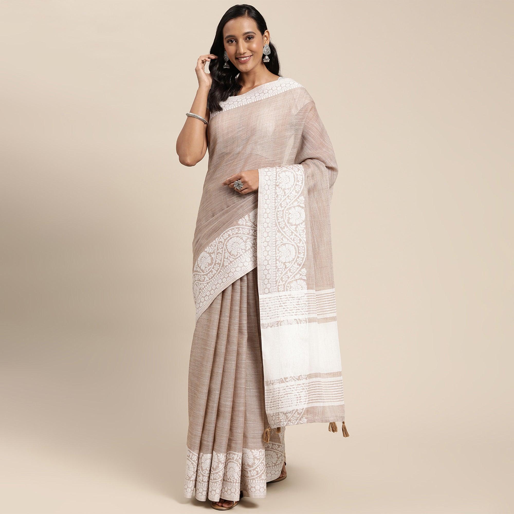 Peachmode Brown Embroidered Linen Saree with Tassels