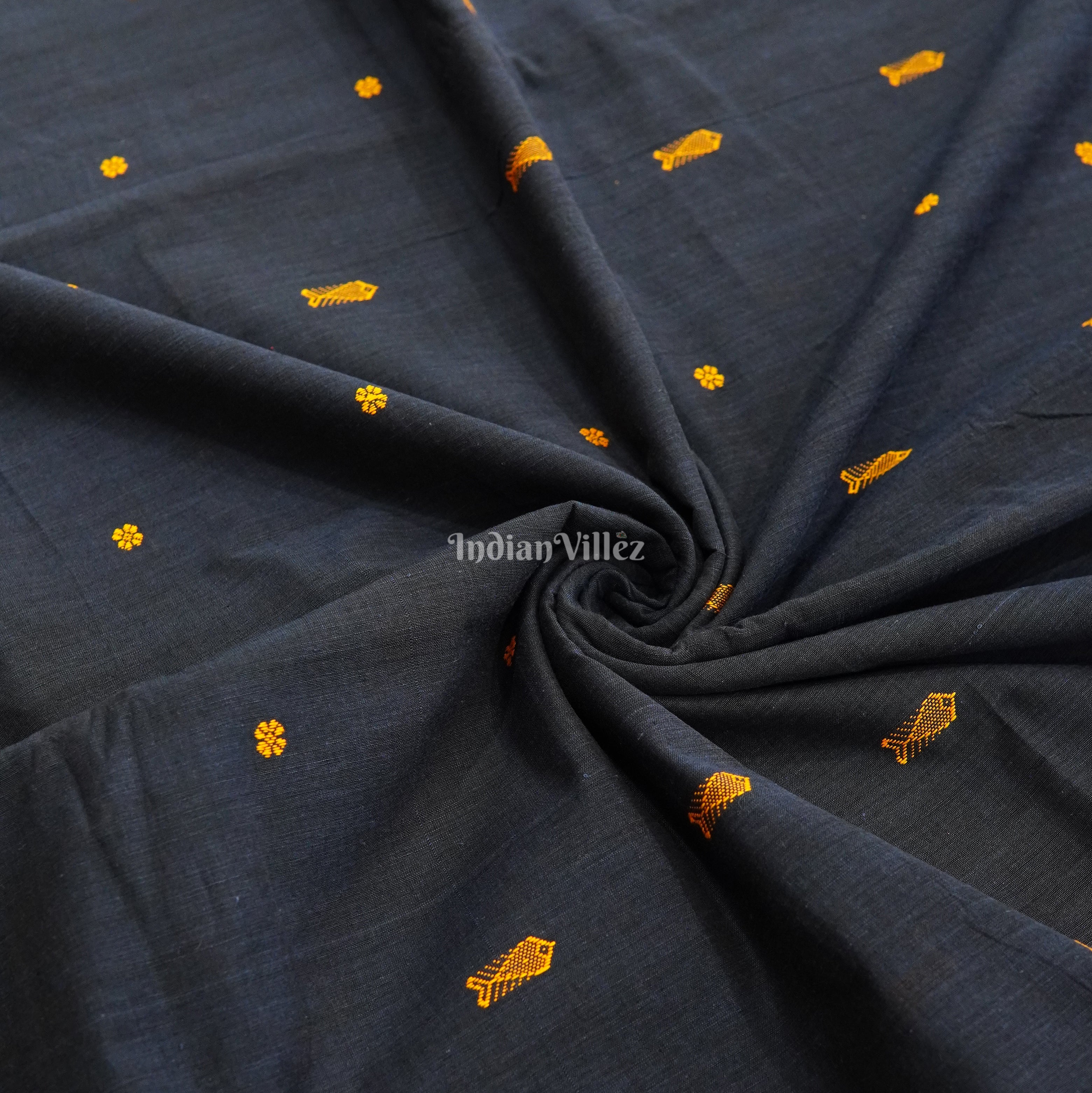 IndianVillèz Blue Fish & Flower Motif Bomkai Cotton Fabric