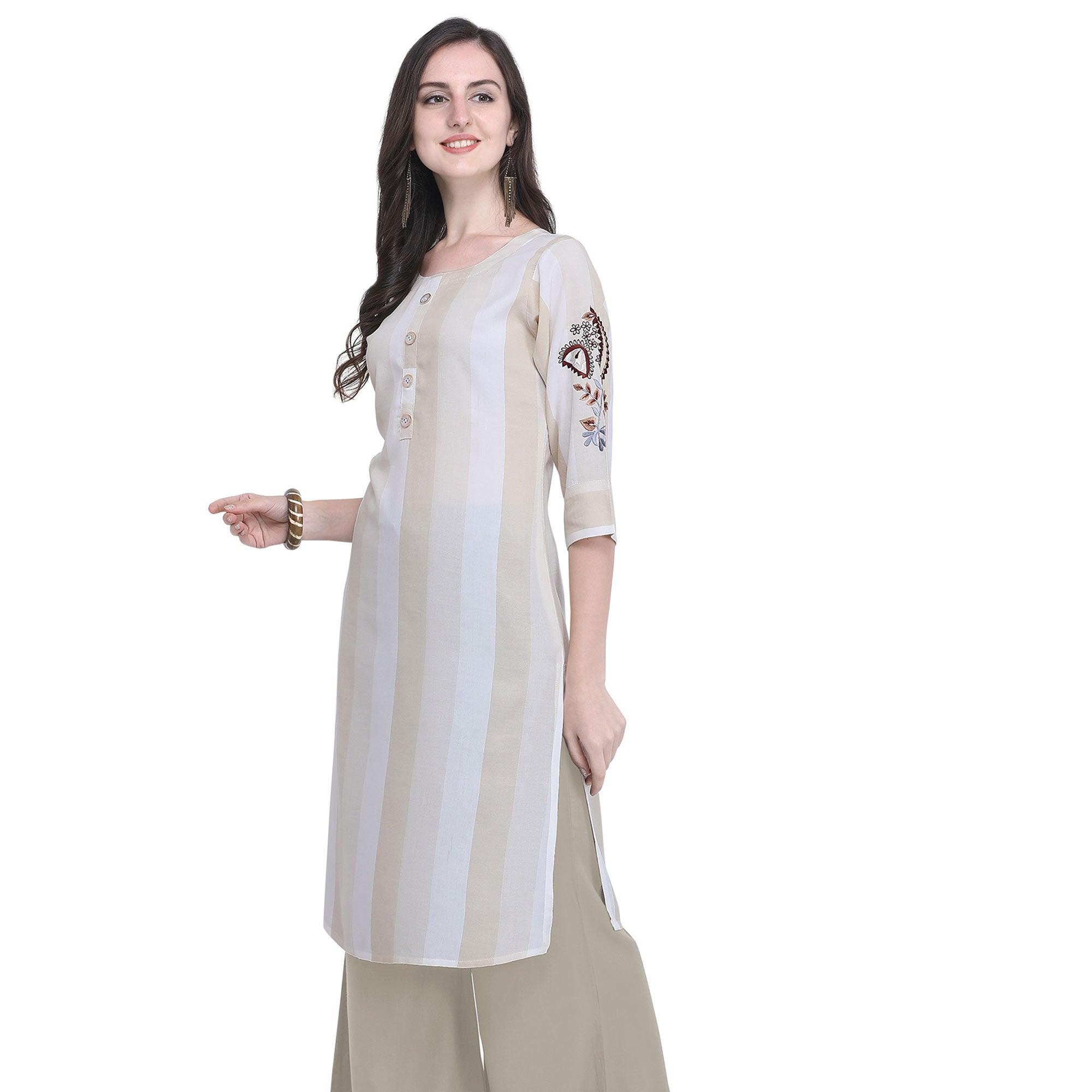 Peachmode Seller Impressive Beige Colored Casual Embroidered Rayon Kurti - view 2