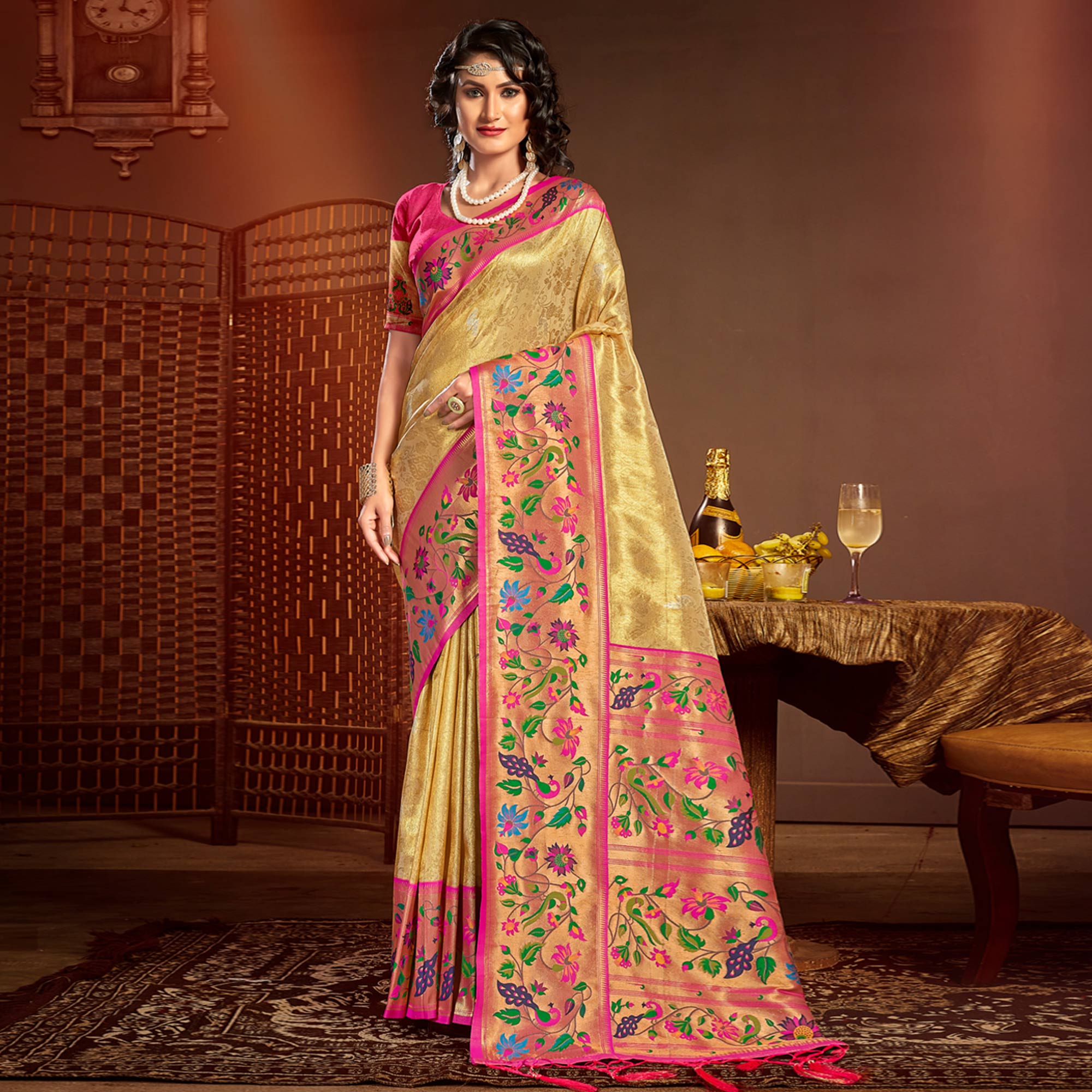 Peachmode Cream Woven Raw Silk Paithani Saree With Tassels