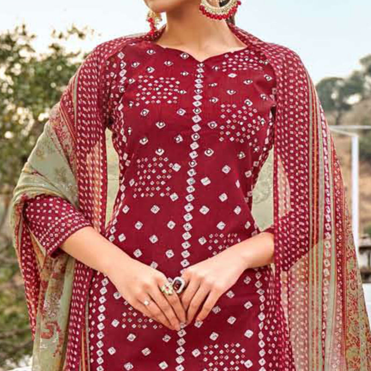 Peachmode Maroon Printed Pure Cotton Suit - view 2
