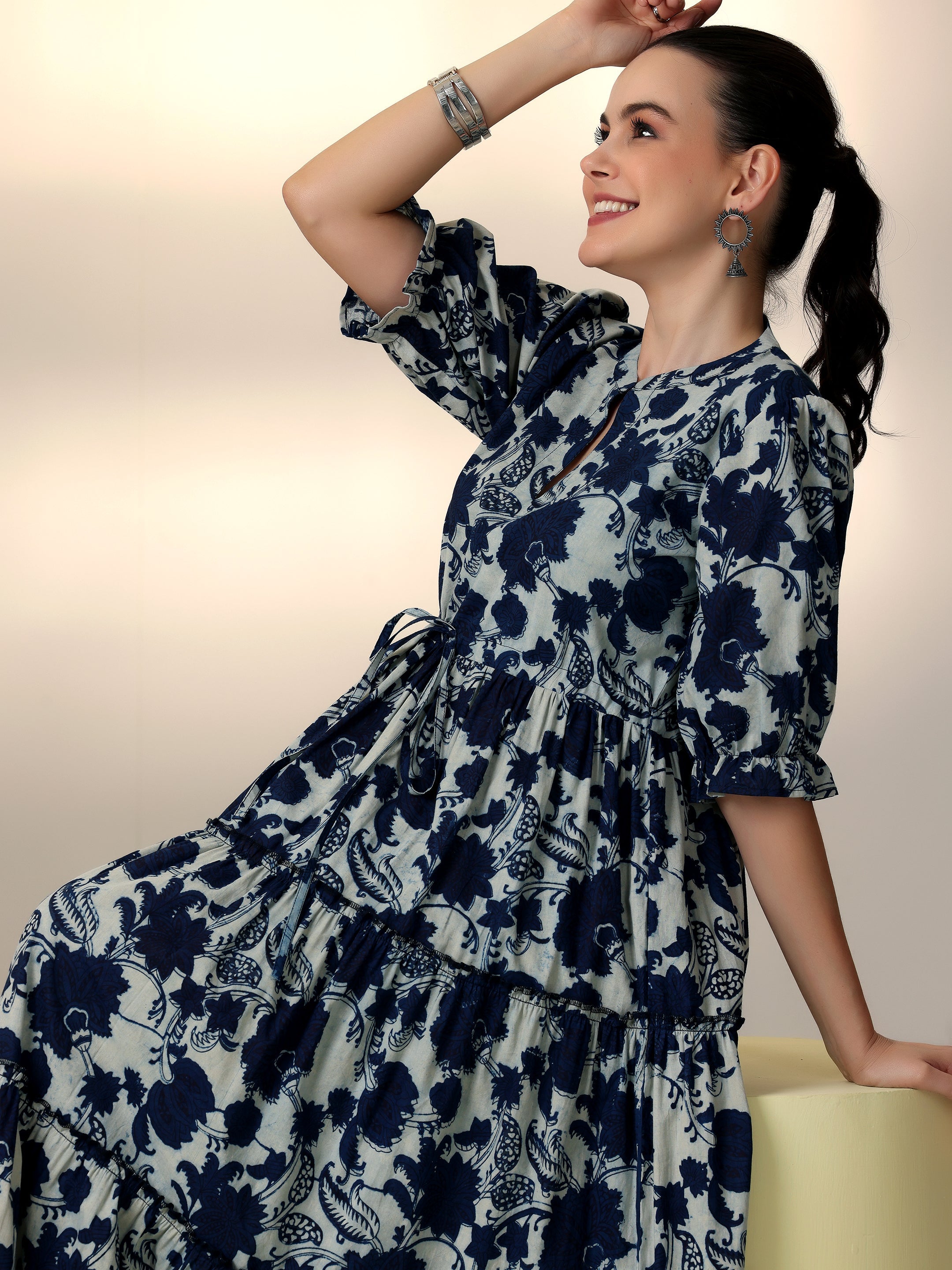 Libas Indigo Printed Cotton Fit and Flare Dress - view 5