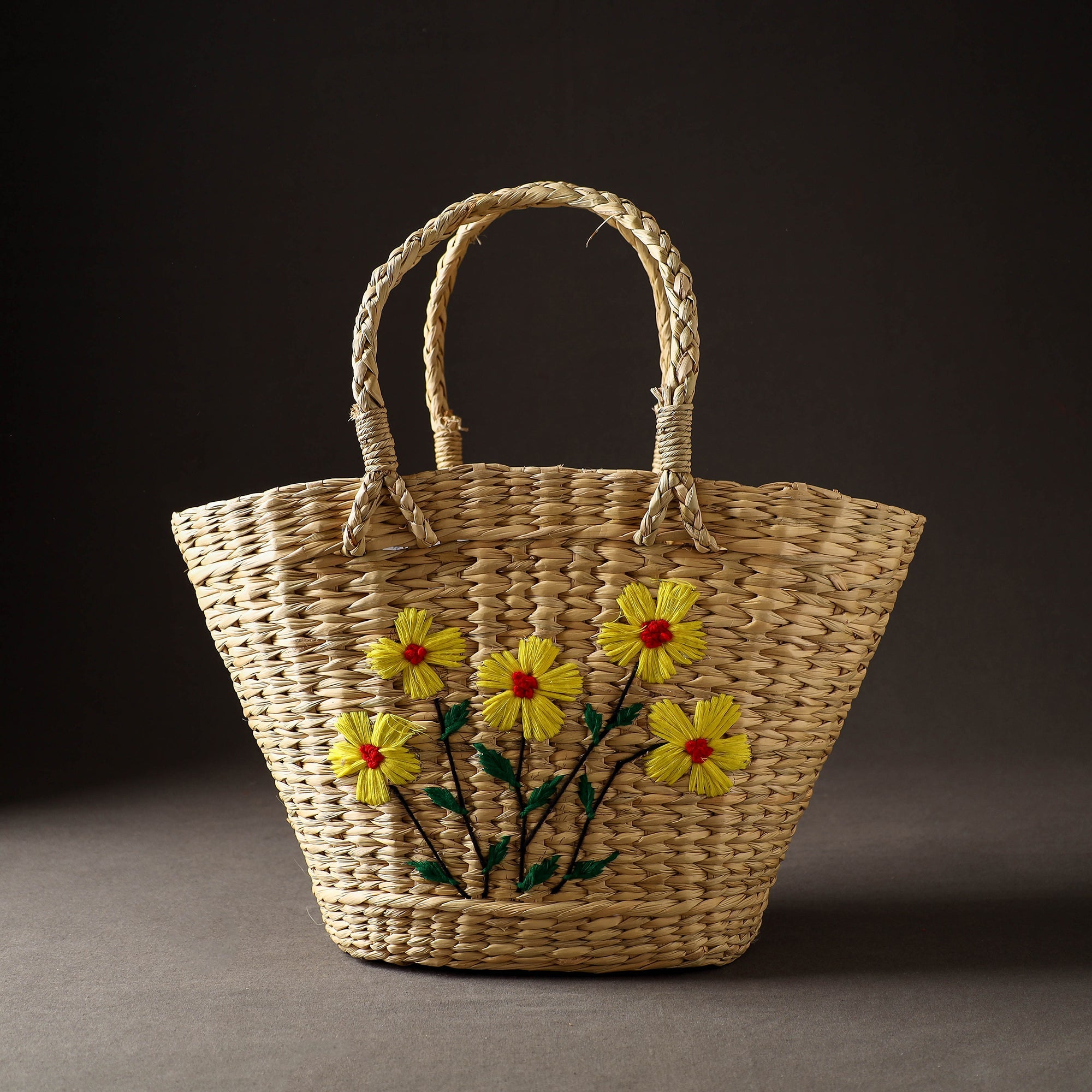 ITOKRI CRAFTS INITIATIVE Beige - Handcrafted Natural Water Reed Embroidered Shopping Bag