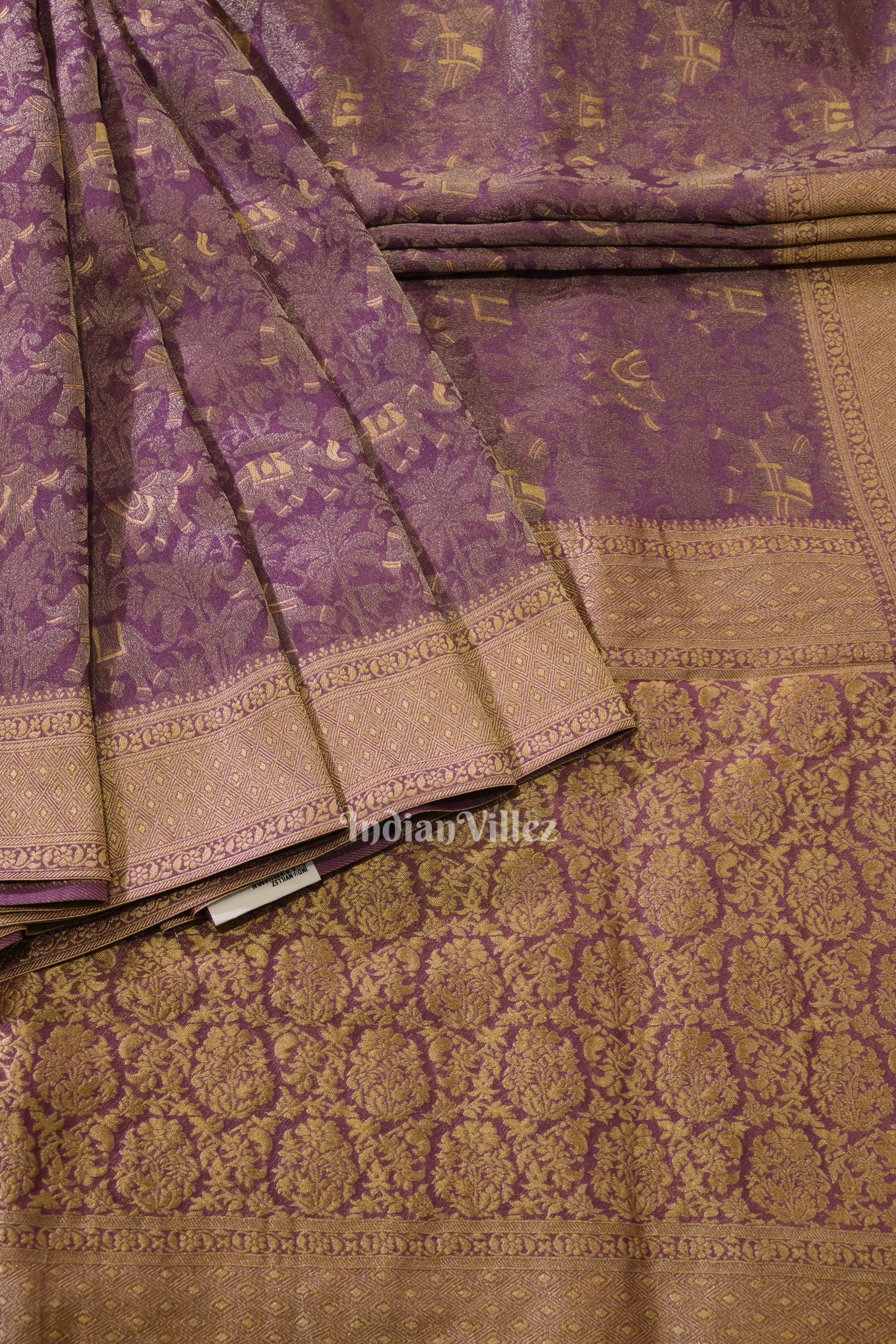 IndianVillèz Woven Golden Border Lavender Purple Banarasi Katan Tissue Saree