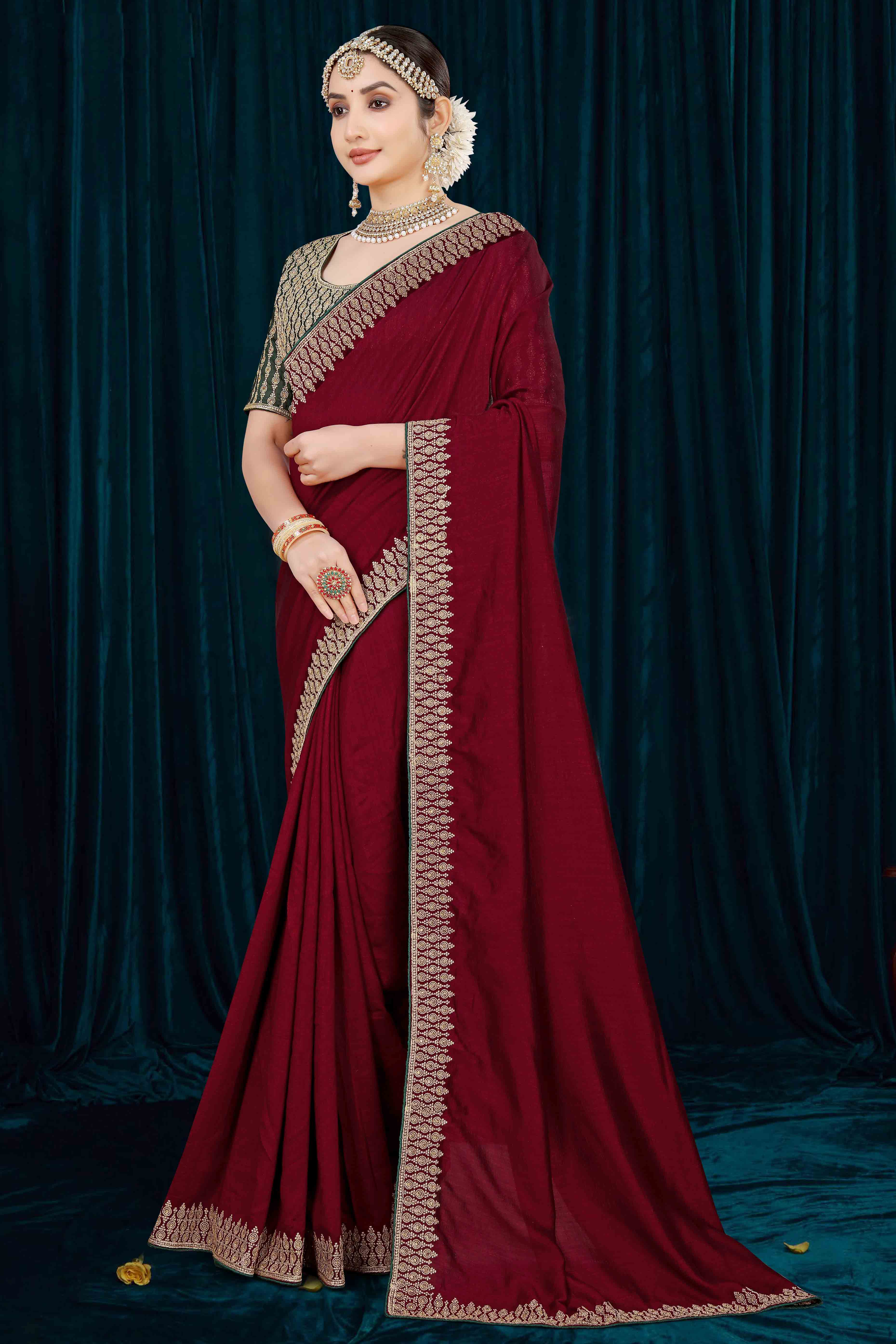 Peachmode Maroon Solid With Zari Embroidered Vichitra Silk Saree - view 4