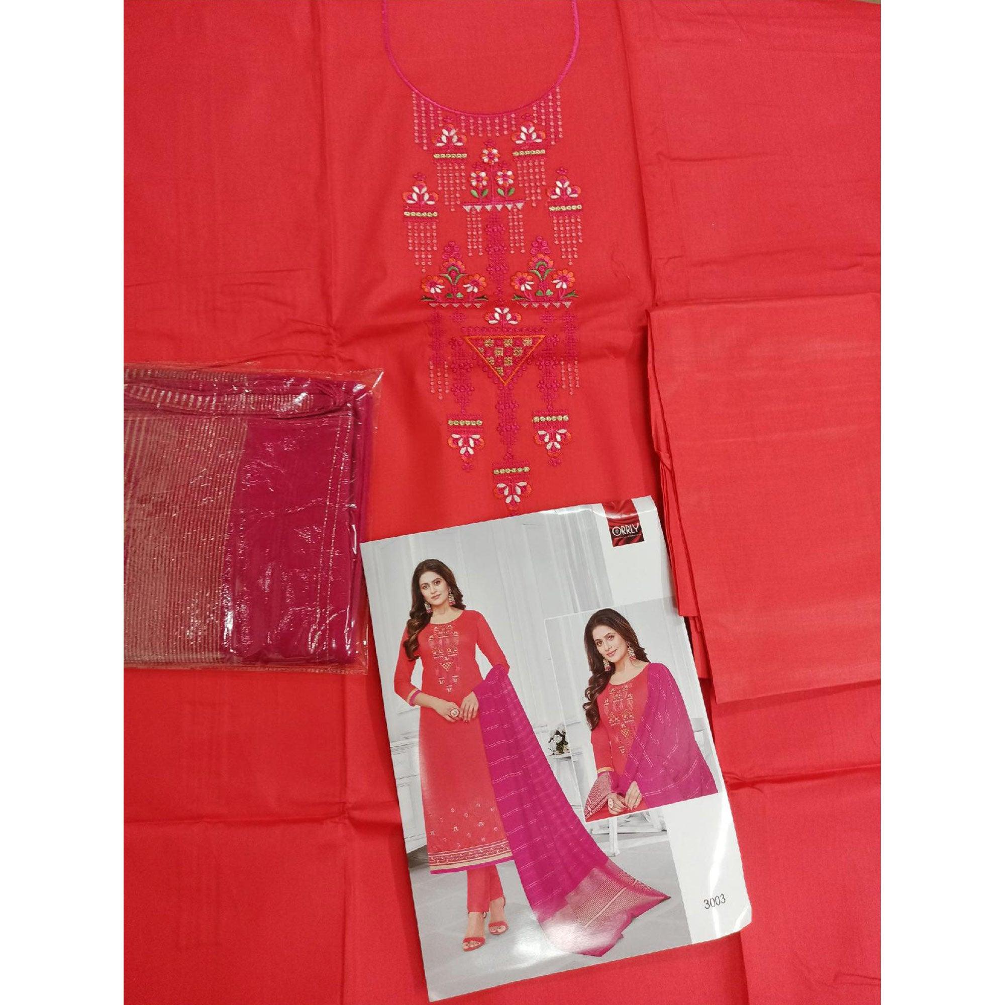 Peachmode Ideal Red-Orange Colored Partywear Designer Embroidery Cotton Salwar Suit - view 3