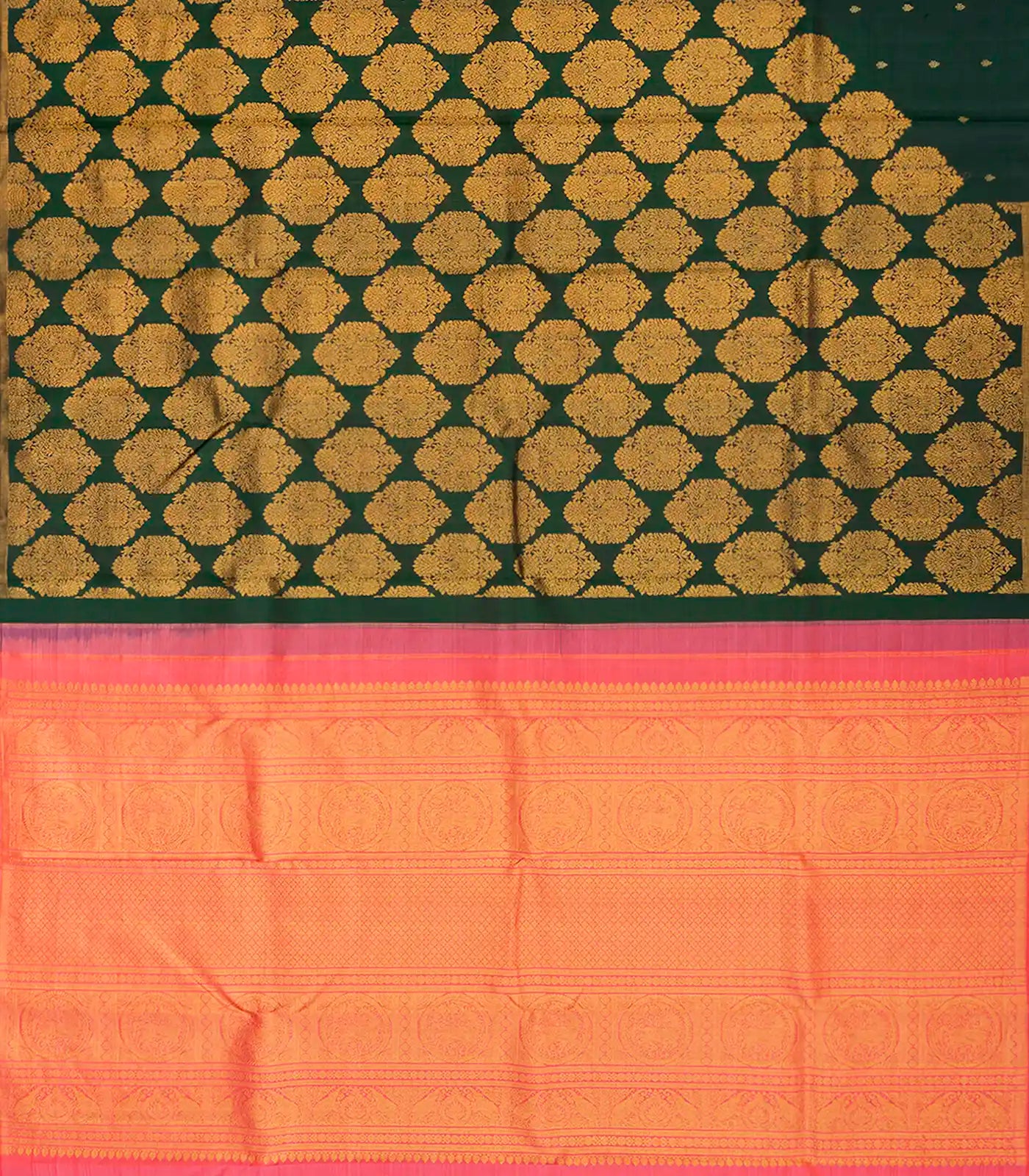RmKV Bottle Green Handloom Kanchipuram Silk Saree With Raising Floral Motifs-Bottle Green - view 2