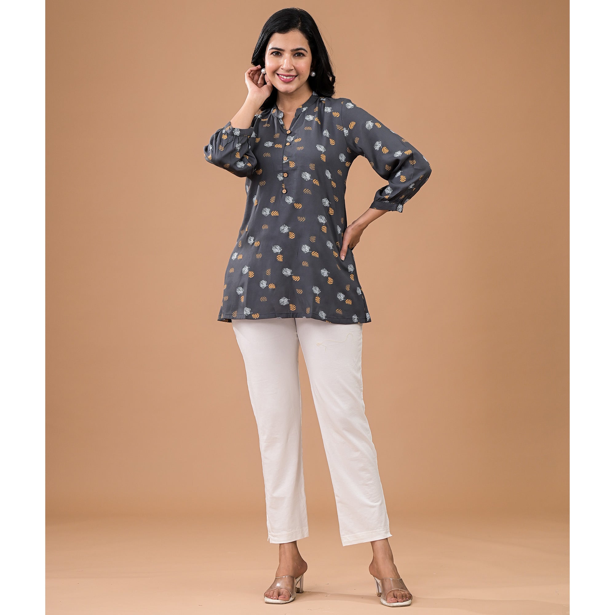 Peachmode Grey Printed Rayon Top - view 4