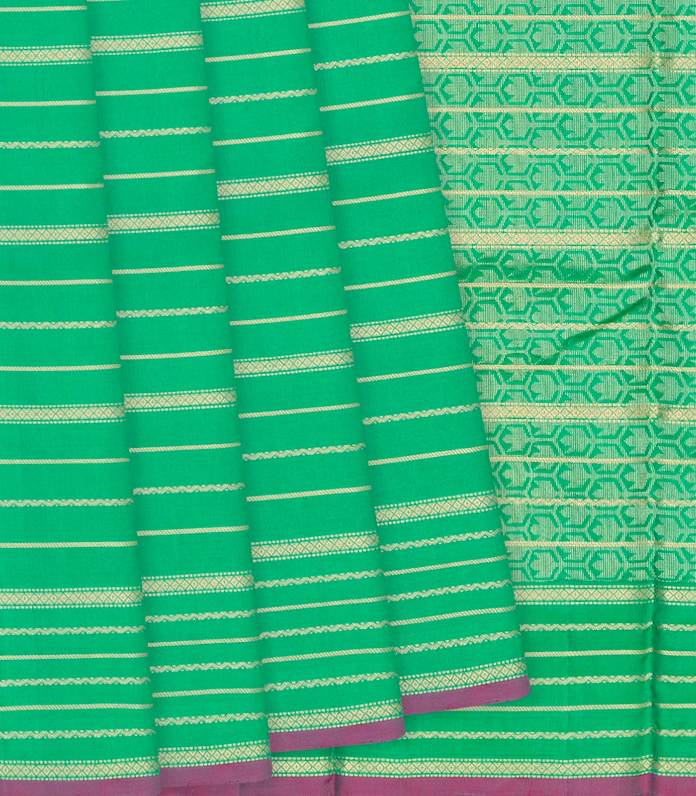 RmKV Green Kanchipuram Silk Saree With Beldari Stripes -Green