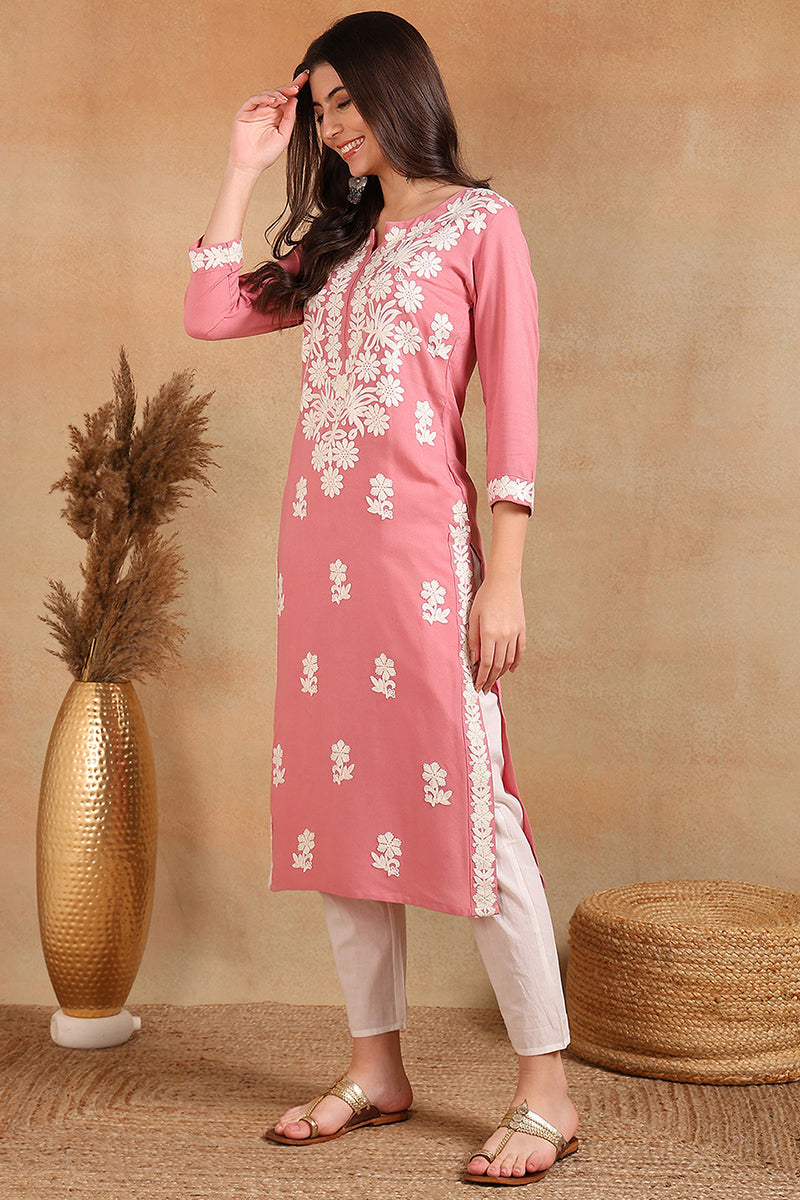 Ahika Pink Viscose Rayon Solid Embroidered Chikankari Straight Kurta VCK9776PNK - view 3