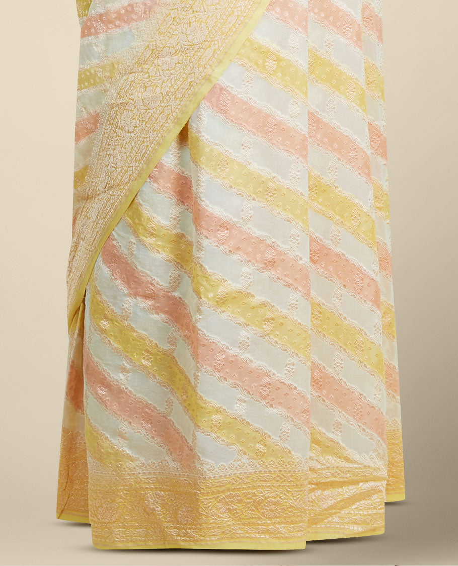 Pothys Yellow rangkat style banaras georgette saree with contrast floral zari border - view 3