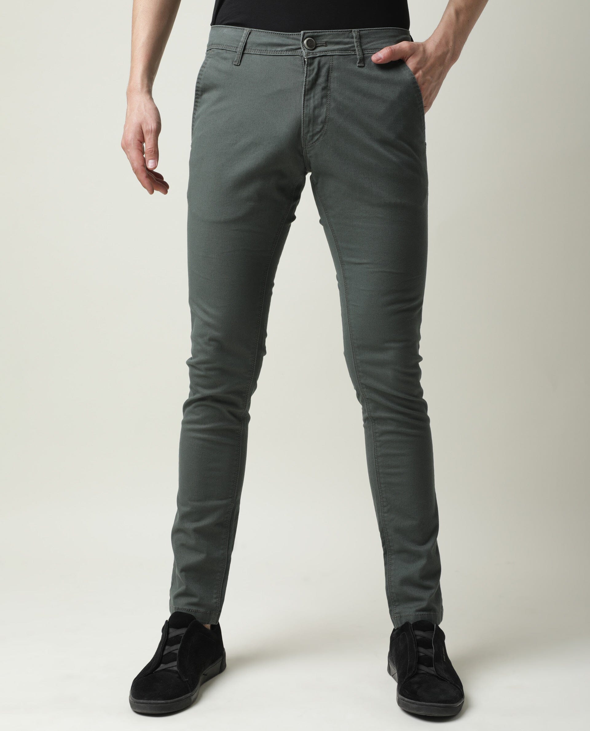 Rare Rabbit Men'S'S Saho Olive Jeans Pant Cotton Lycra Fabric Slim Fit Mid-Rise Waist Zipper Closure