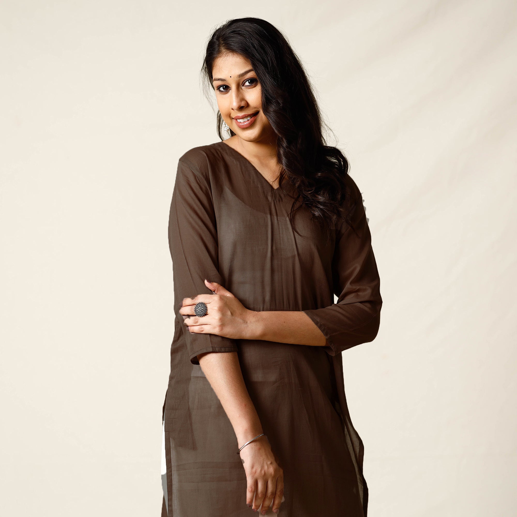 Brown - Mulmalai Cotton Plain Dyed Straight Long Kurta 31 - view 3