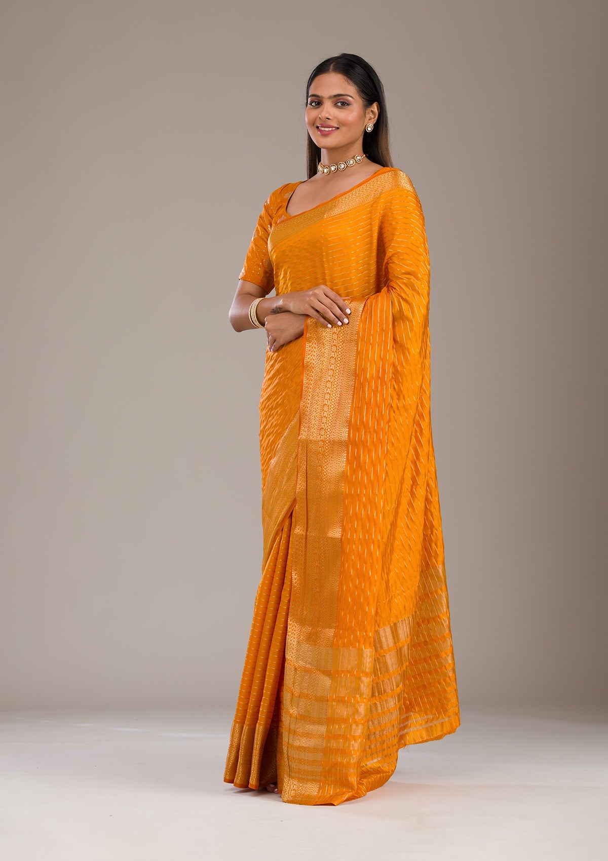 Koskii Orange Zariwork Soft Silk Saree – Women's - view 5