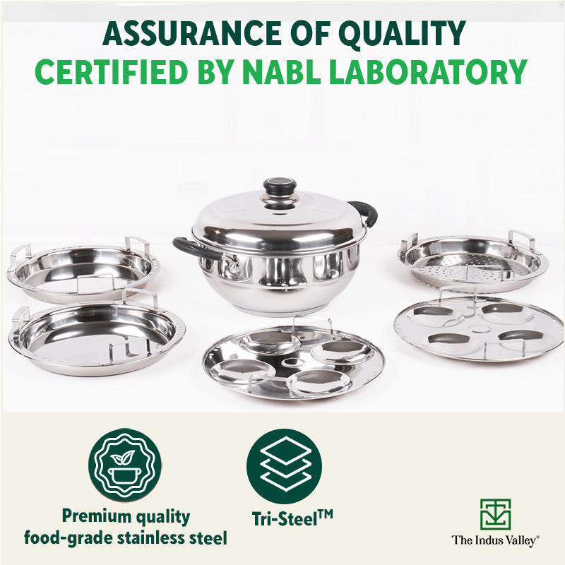 The Indus Valley Tri-Steel Premium Stainless Steel Idli/ Dhokla/ Momo Maker/ Multi Pot/ Veg Steaming Set, Tri-ply Induction Bottom, 5 Plates, 4 pit - view 6