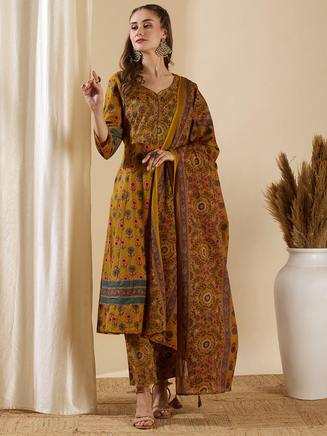 Fashor Floral Printed & Embroidered Anarkali Kurta with Pant & Dupatta - Mustard
