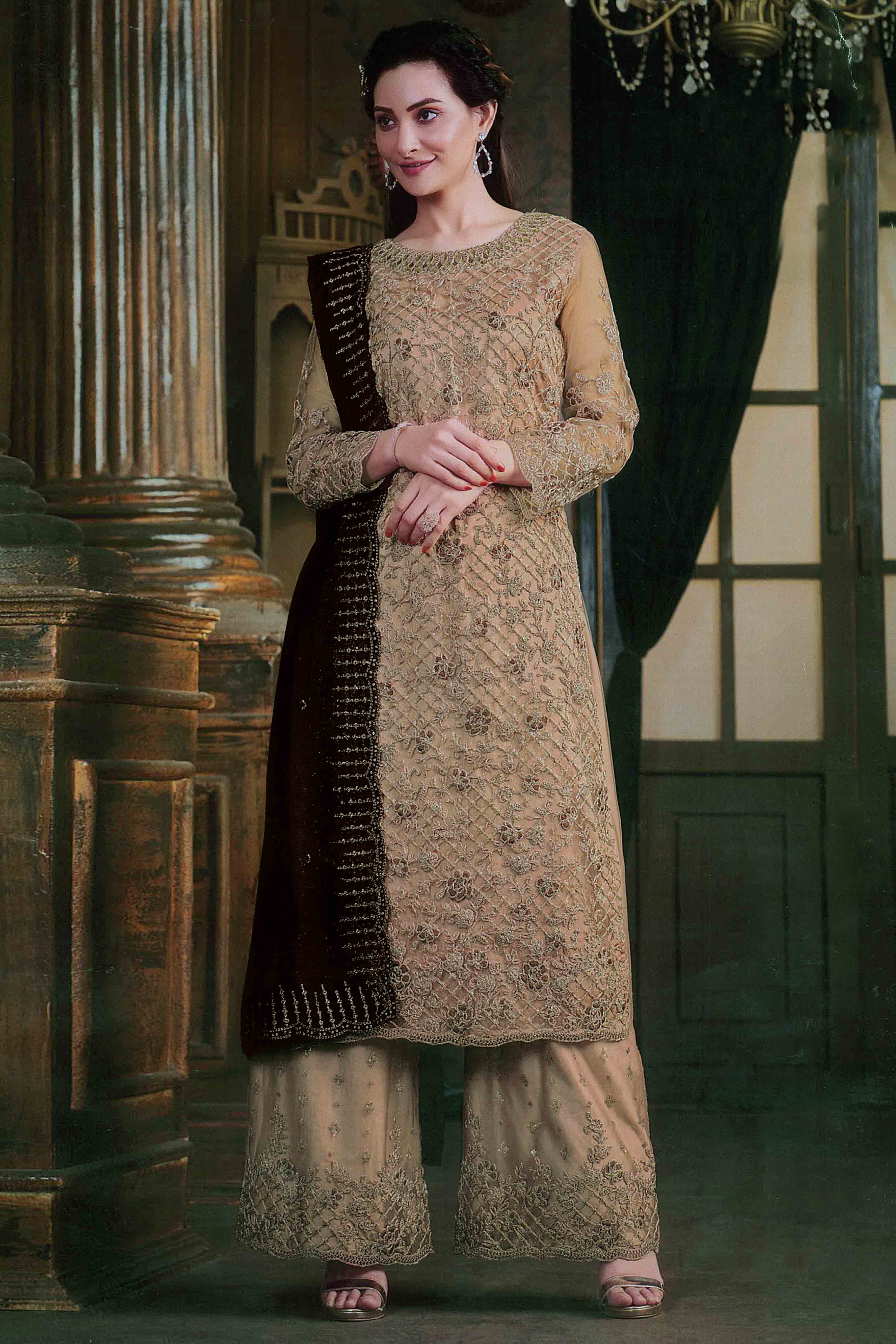 Peachmode Chikoo Floral Sequins & Codding Embroidered Net Semi Stitched Suit