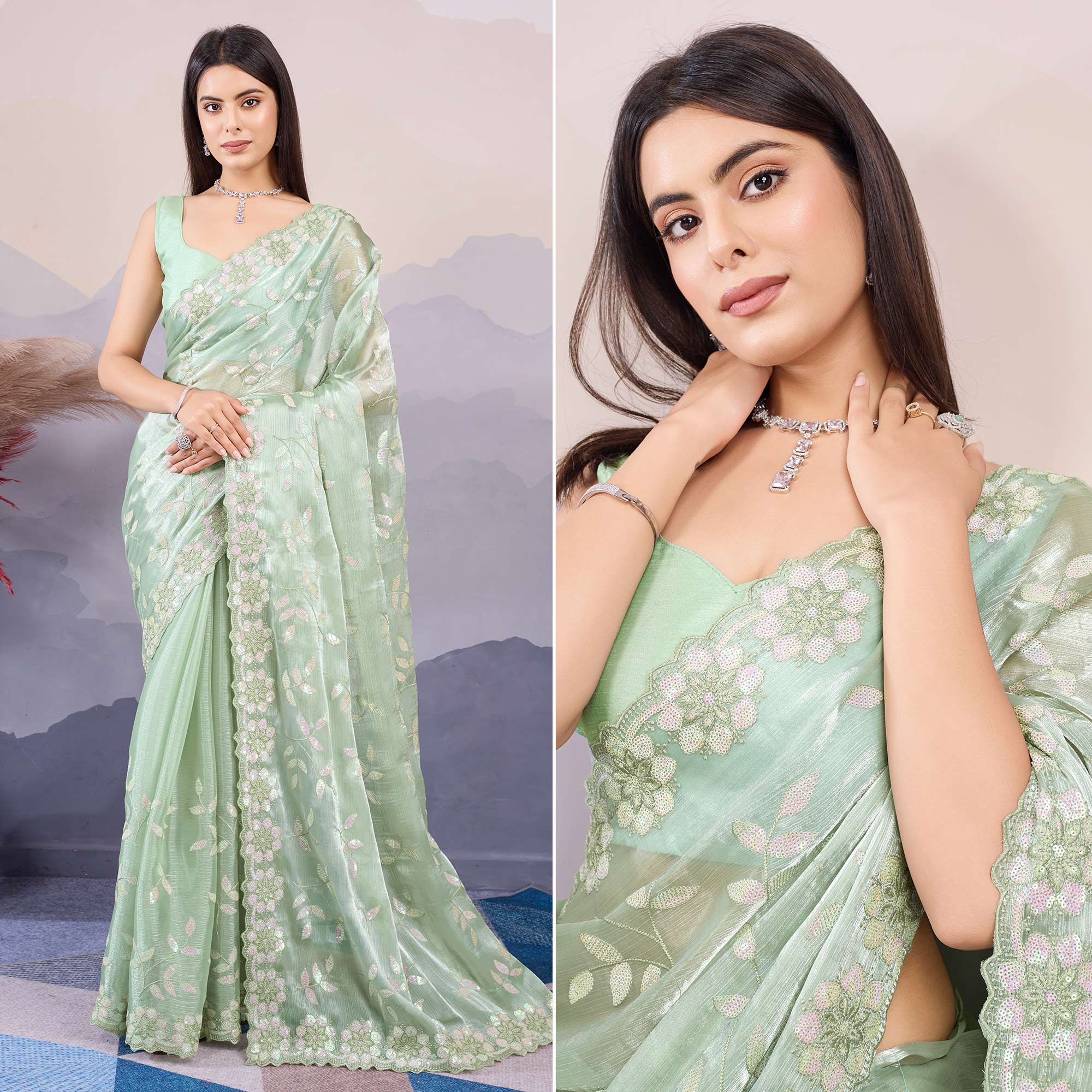 Peachmode Mint Green Sequins Embroidered Art Silk Saree