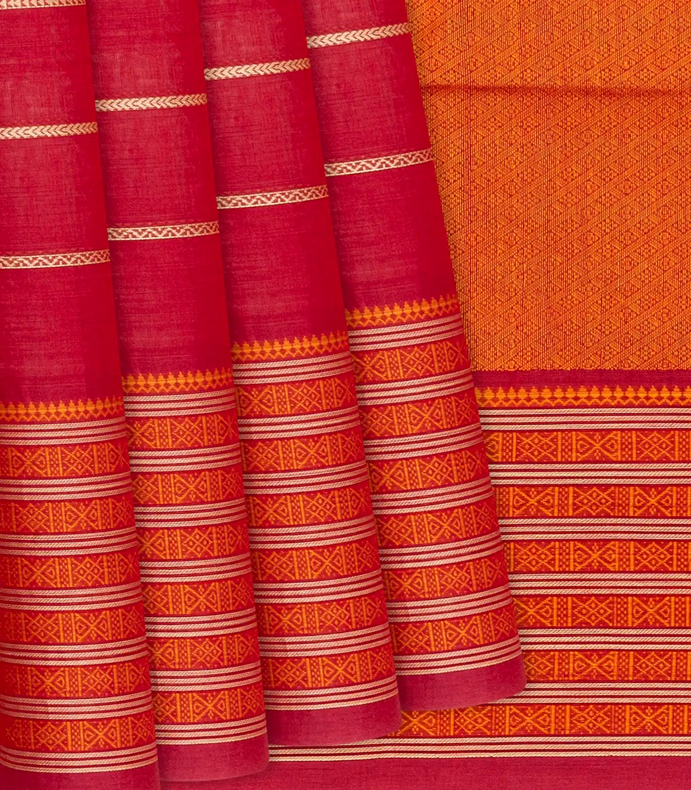 RmKV Red Handloom Kanchi Cotton Saree With Veldari Stripes-Red