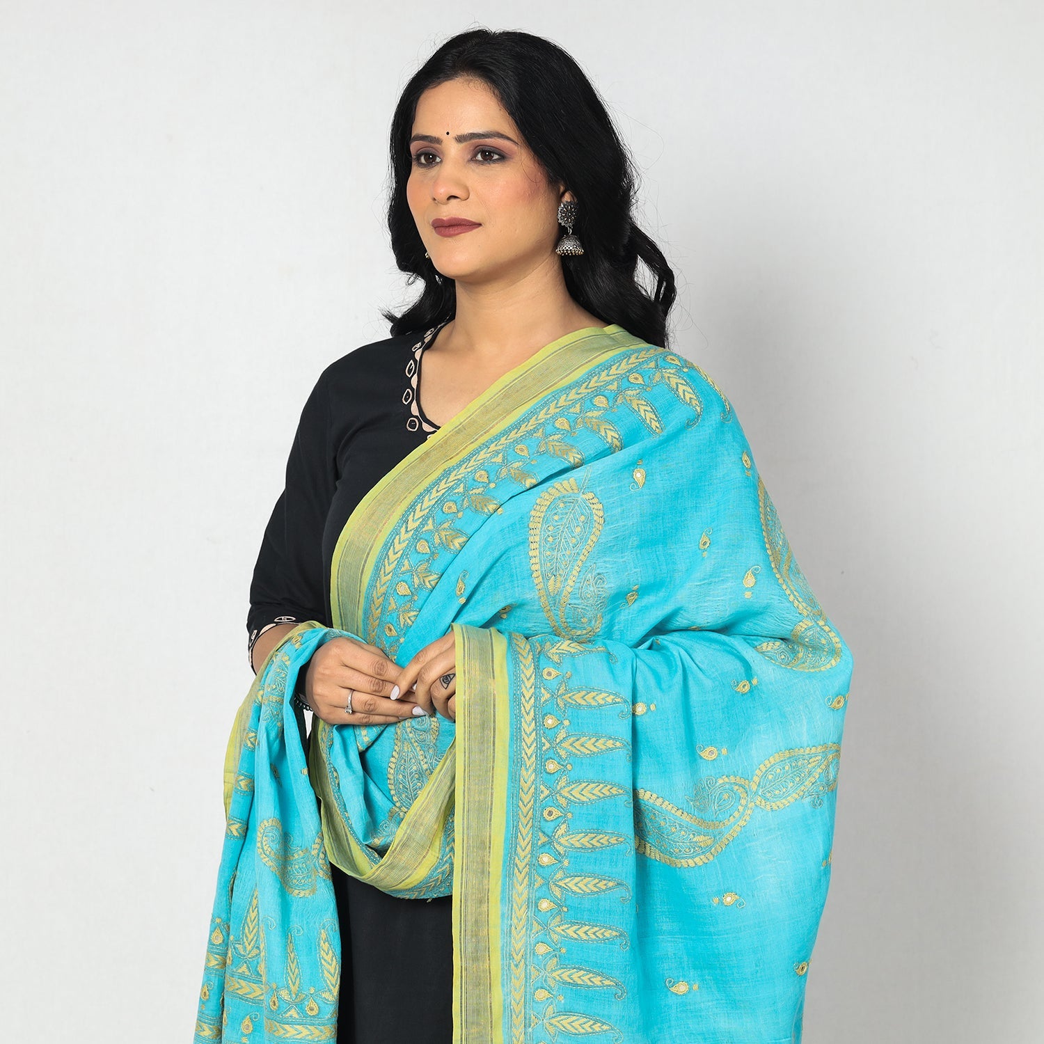KHUSHBASH - HAPPY LOOM OF EAST Blue - Bengal Kantha Embroidery Cotton Handloom Dupatta - view 2