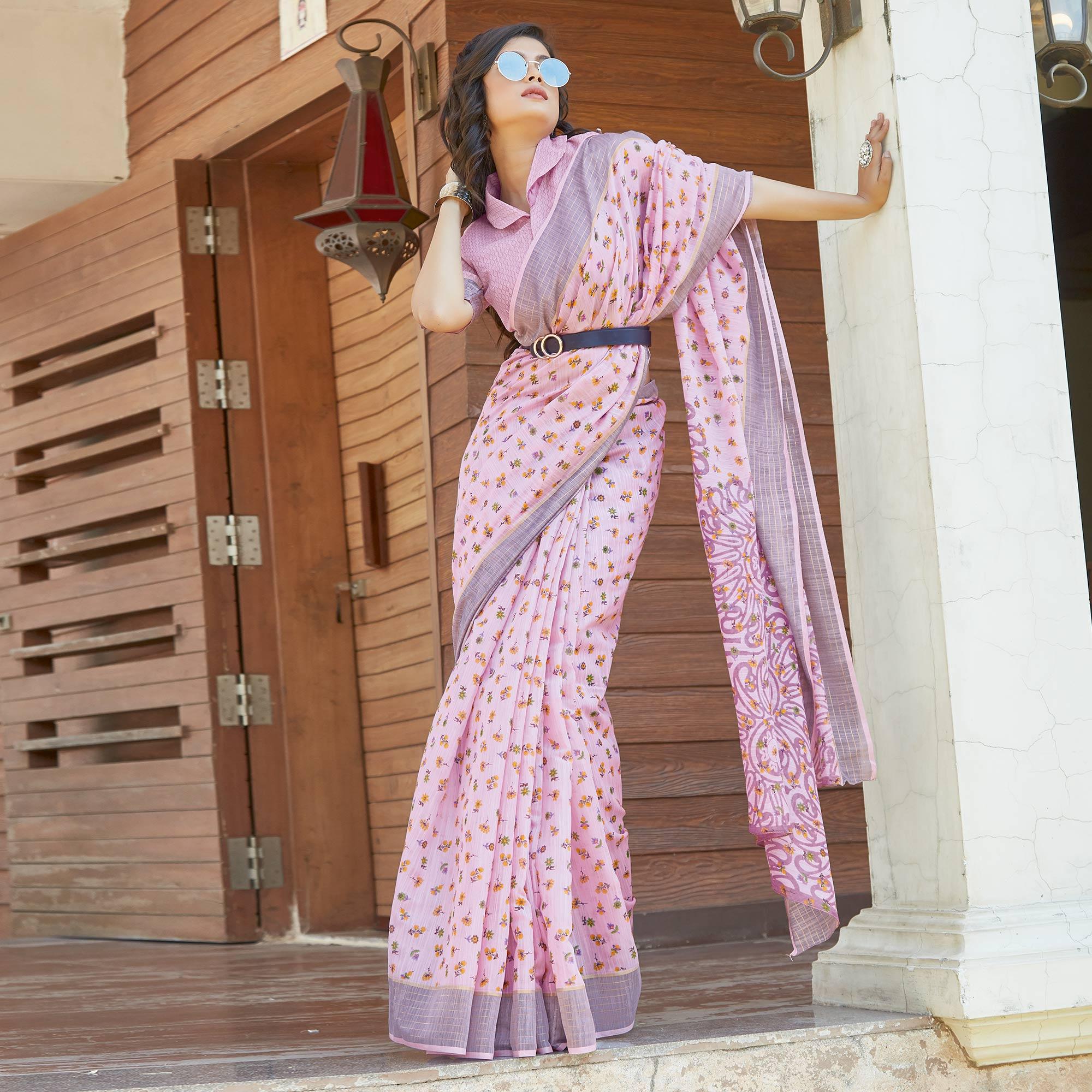 Peachmode Lavender Casual Wear Pedding Printed Linen Satin Saree