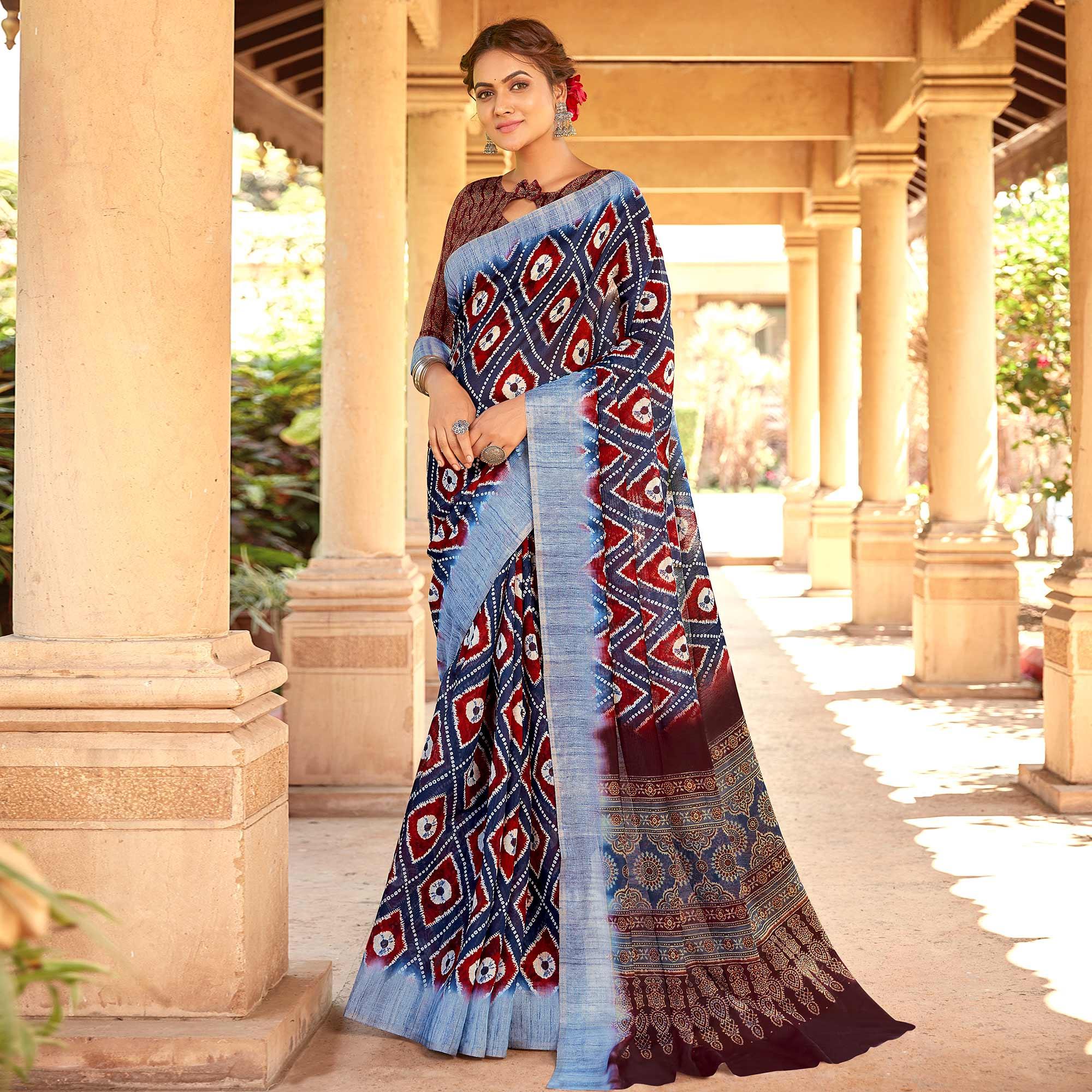Peachmode Elegant Navy Blue Colored Digital Printed Festive Wear Linen Designer Saree