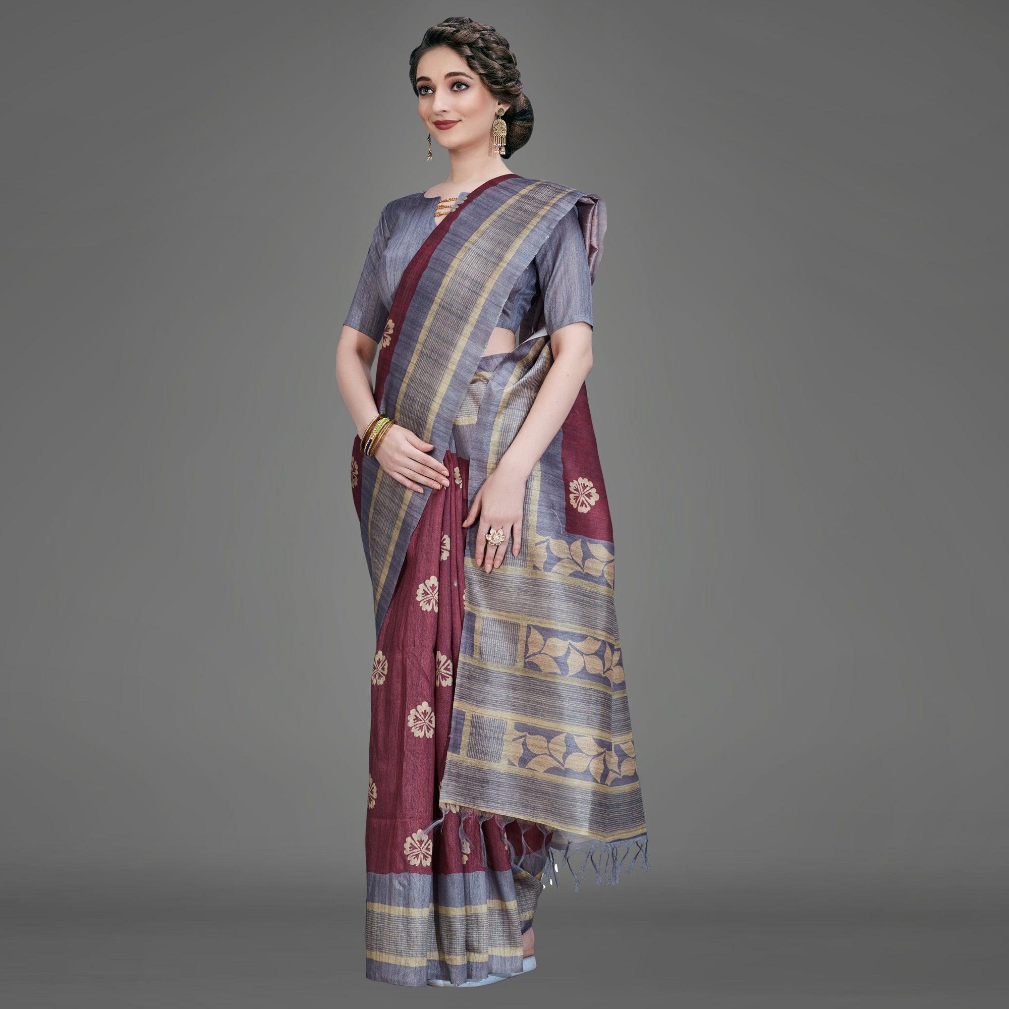 Peachmode Maroon Casual Art Silk Printed Saree With Unstitched Blouse - view 2