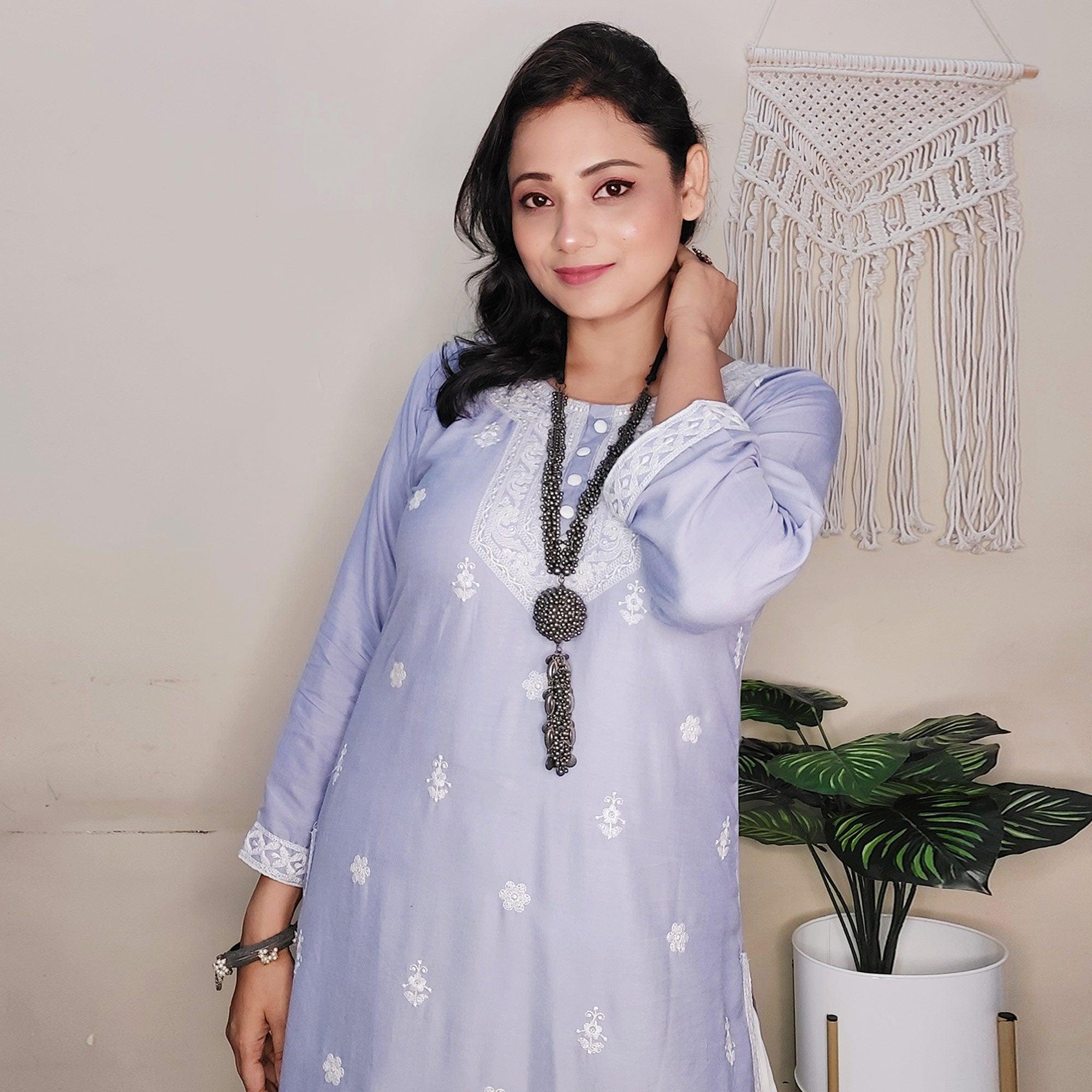 Peachmode Seller Captivating Lavendar Colored Casual Wear Embroidered Pure Rayon Viscose Kurti - view 6